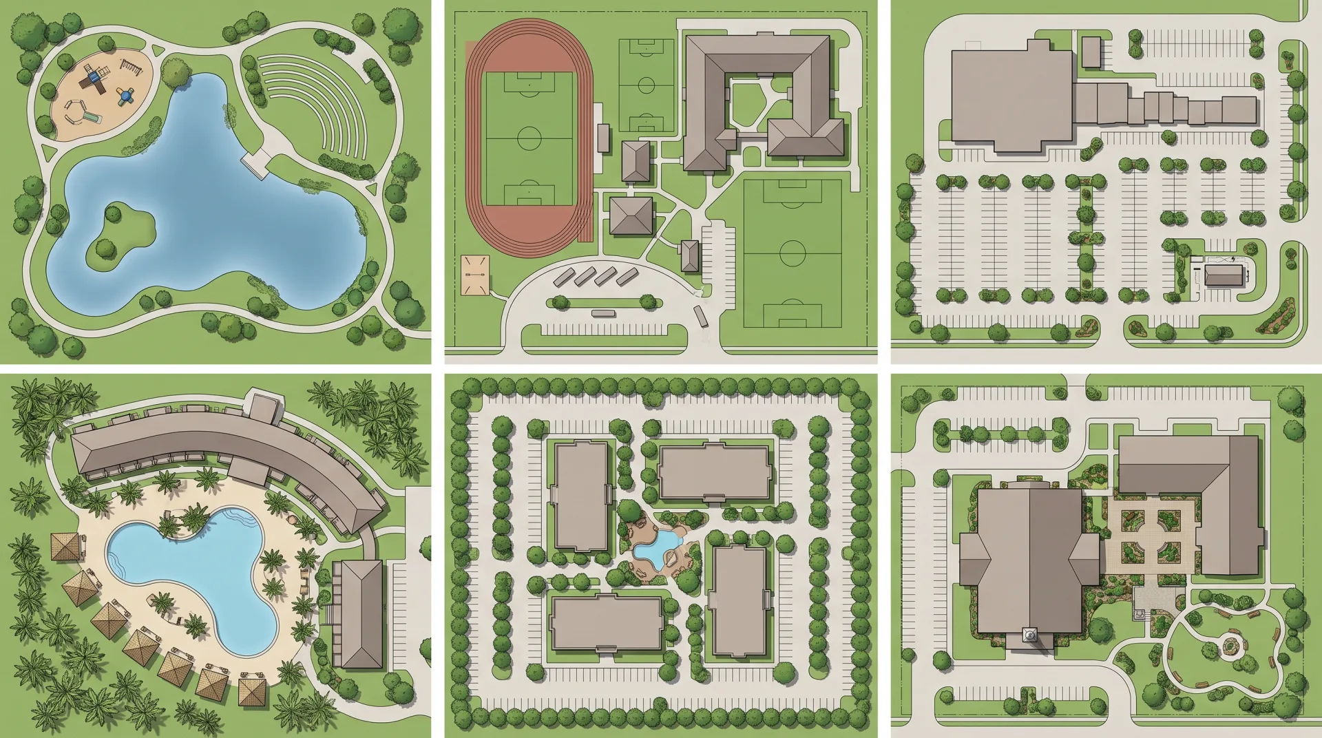 Six rendered color site plans in a row: a park, a school campus, a retail center, a resort hotel, a business park and a church campus.