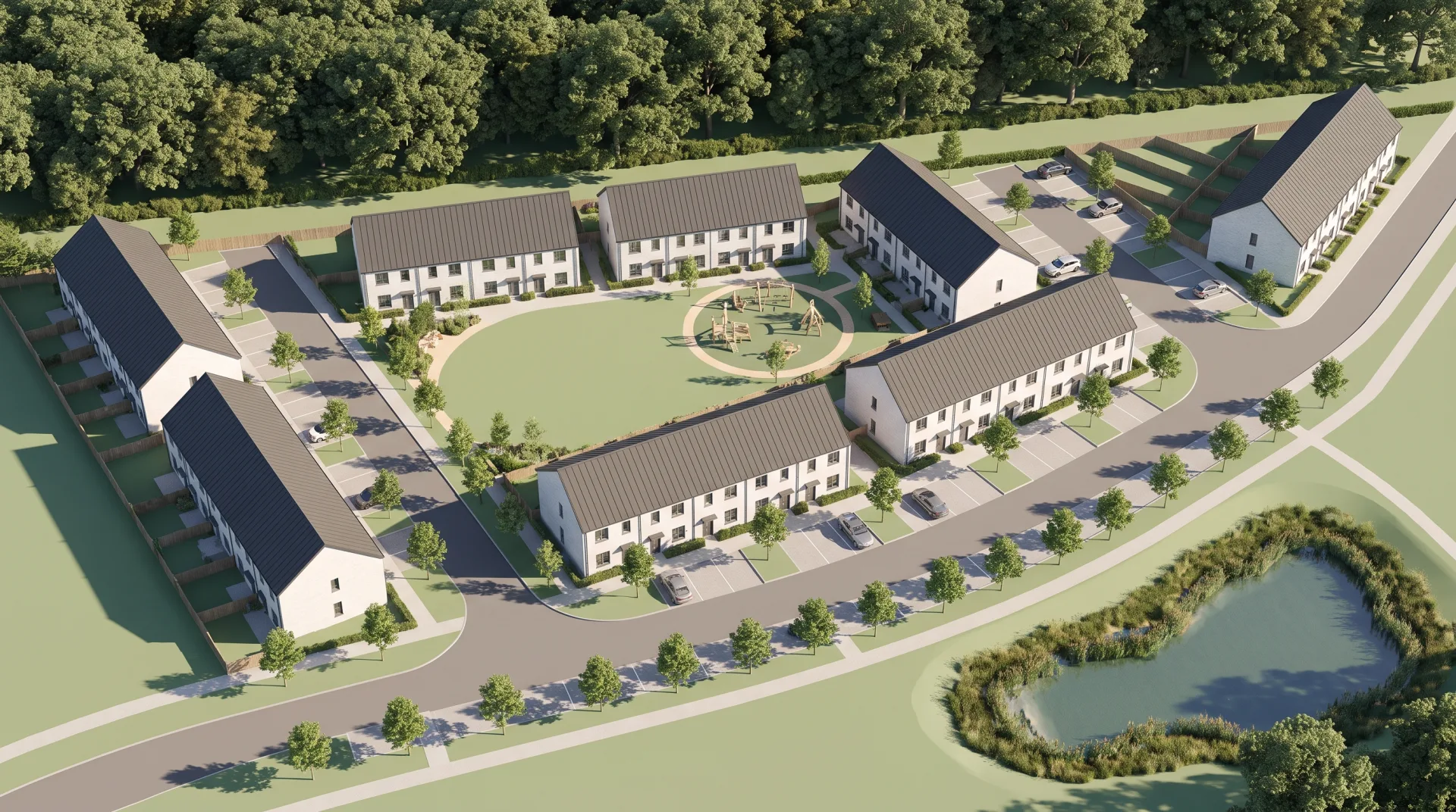 A 3D site plan seen from above at an angle: six townhouse blocks around a green, a curving road, street trees and a pond in morning light.