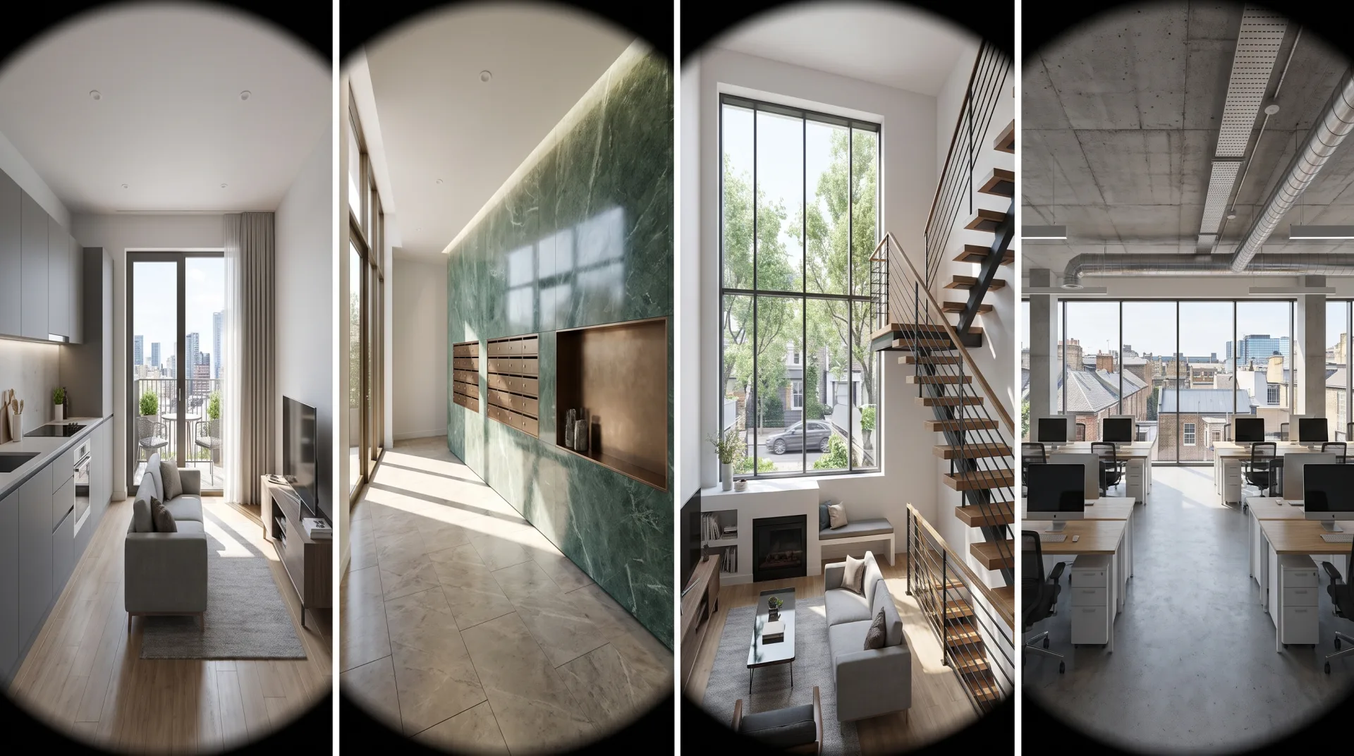 Four headset-view frames: a one-bedroom apartment, a green marble lobby, a townhouse living room with a tall window and an office floor.