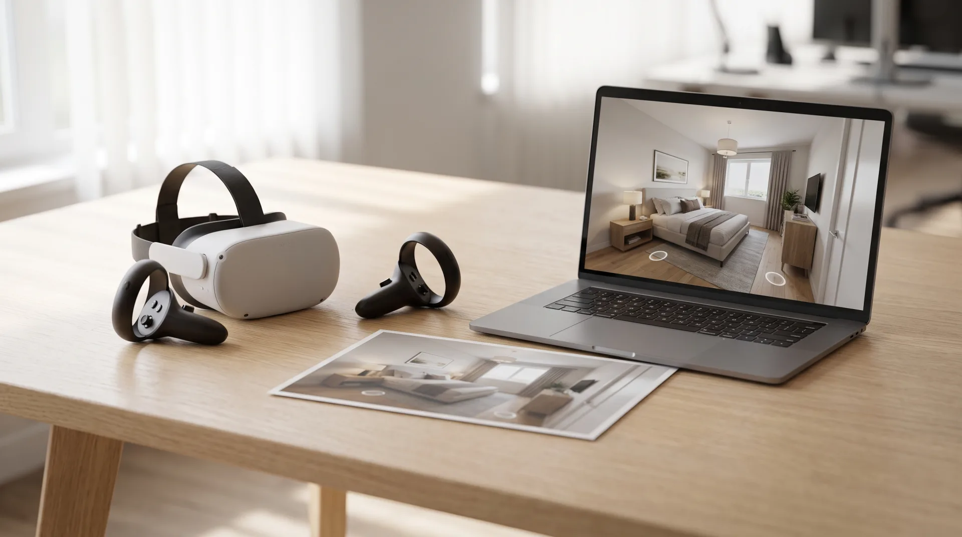 A VR headset and controllers beside a laptop showing a panorama tour of a bedroom with navigation hotspots.
