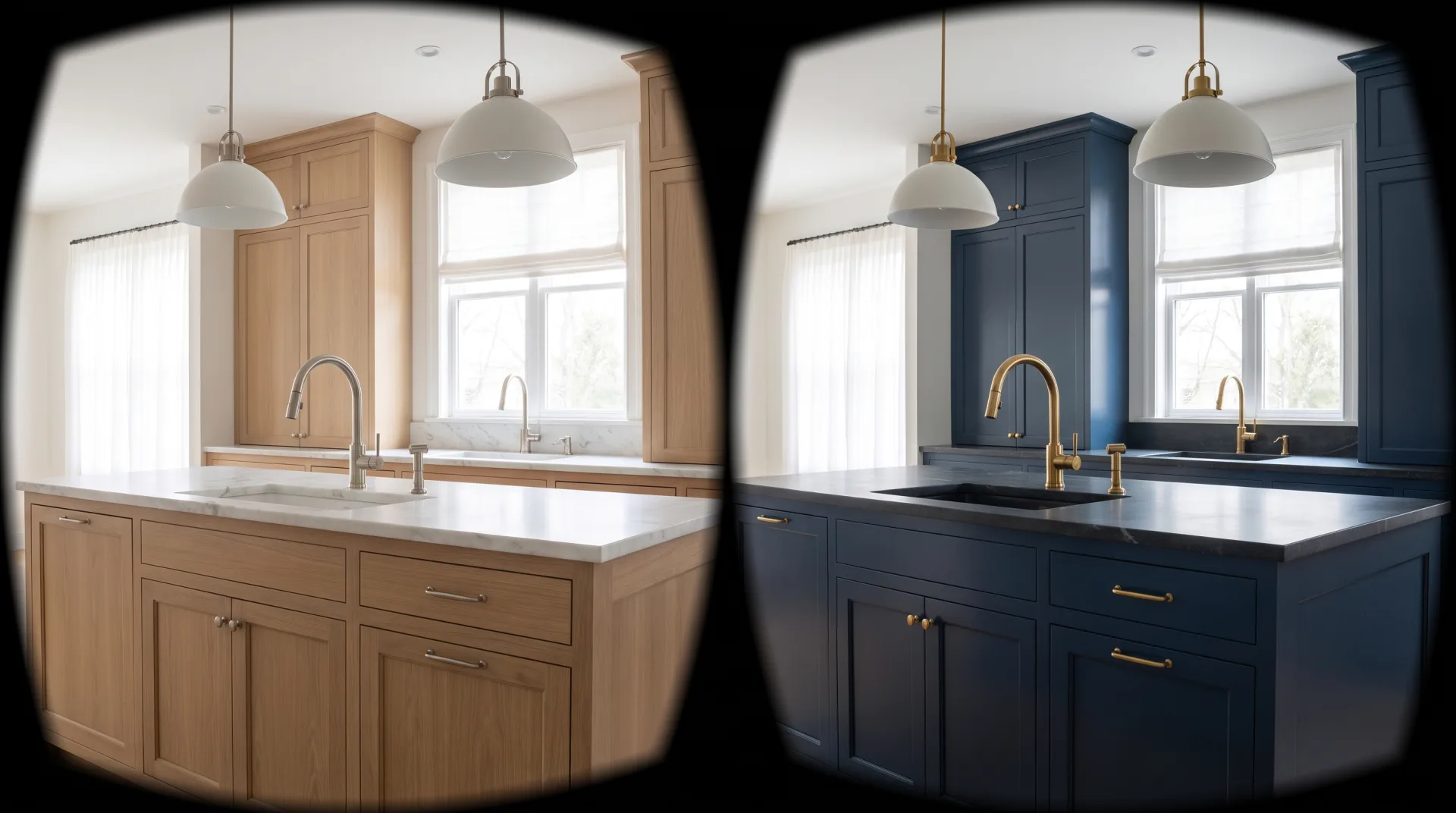 The same kitchen from the island in two finishes: white oak and marble on the left, navy cabinets and soapstone on the right.