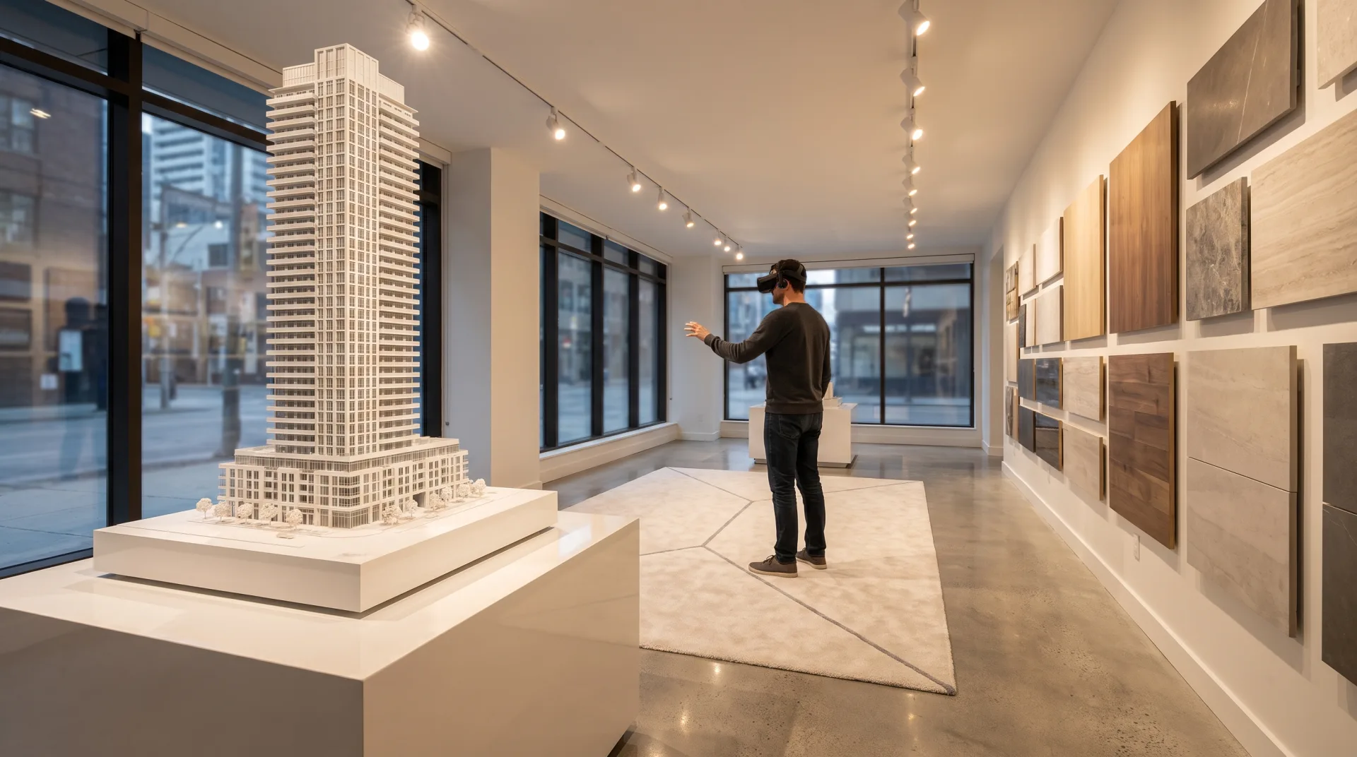 A condominium sales suite with a tower model, finish samples and a buyer seen from behind wearing a VR headset.