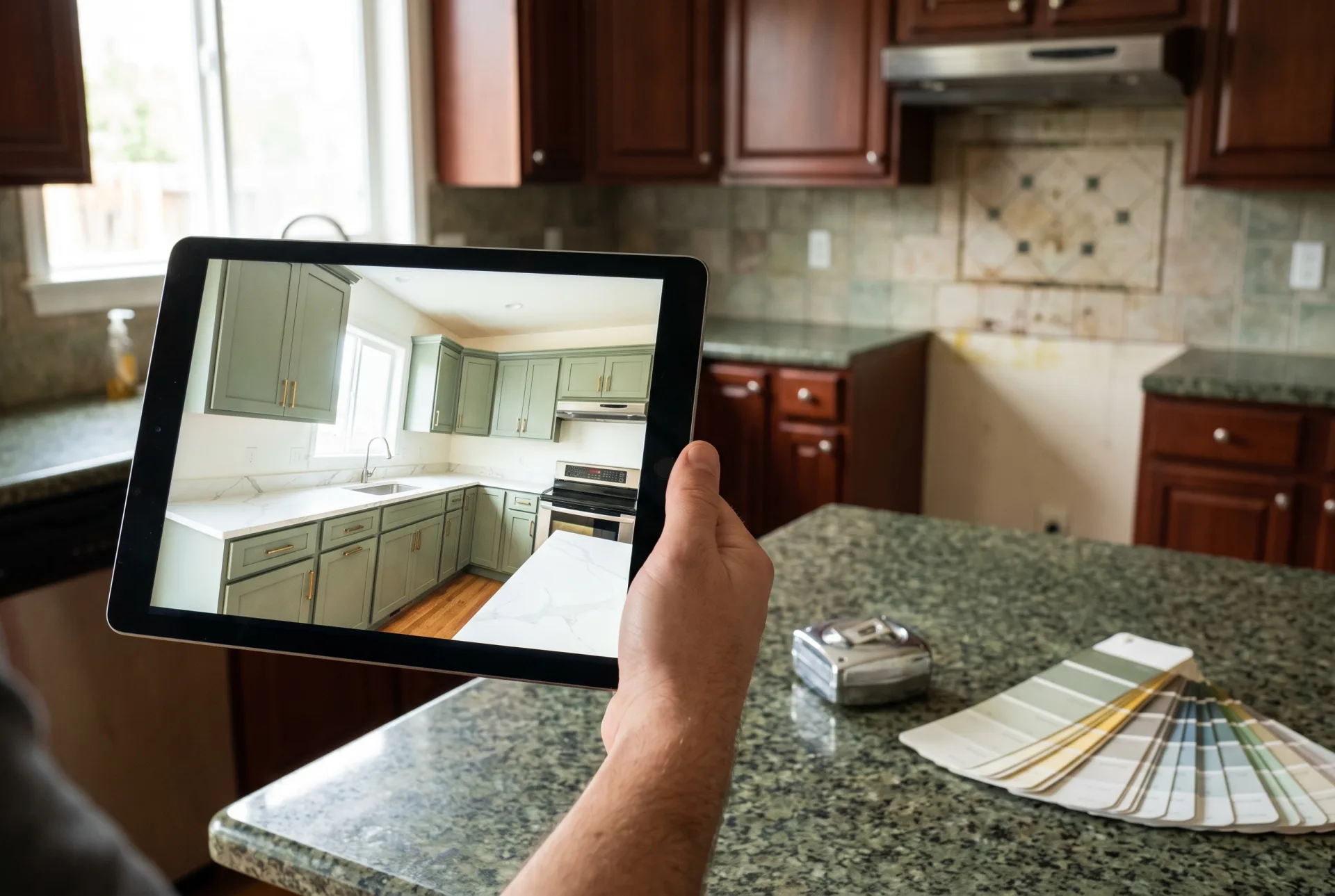 A hand holding a tablet in a dated cherry kitchen, the screen showing the same kitchen remodeled with sage cabinets and quartz counters.