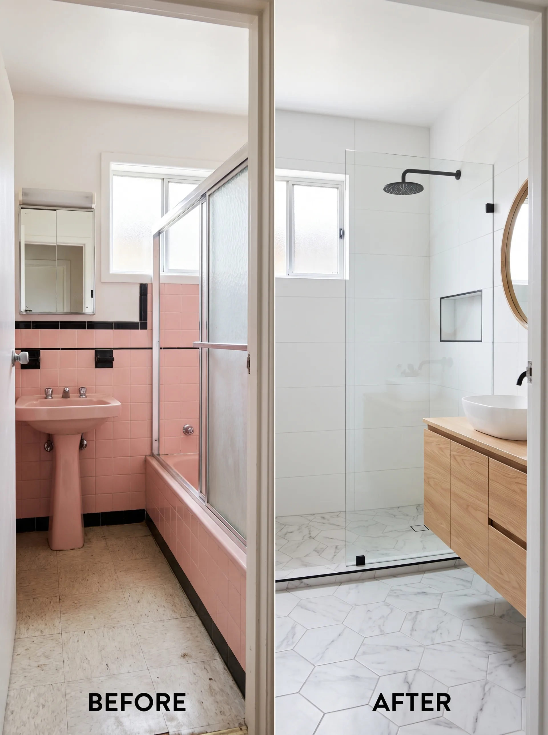 A pink-tiled bathroom with a tub on the left and the same bathroom with a glass walk-in shower and oak vanity on the right.