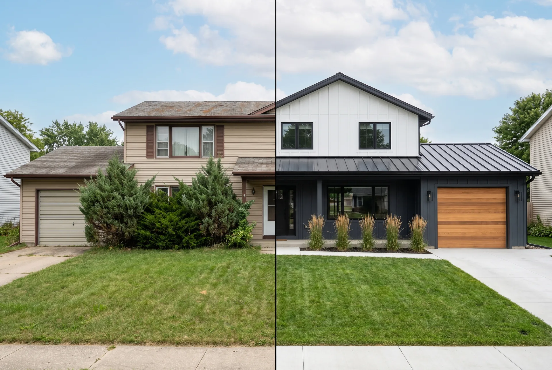 A tan split-level house with brown trim on the left and the same house with charcoal siding, a cedar garage door and black windows on the right.