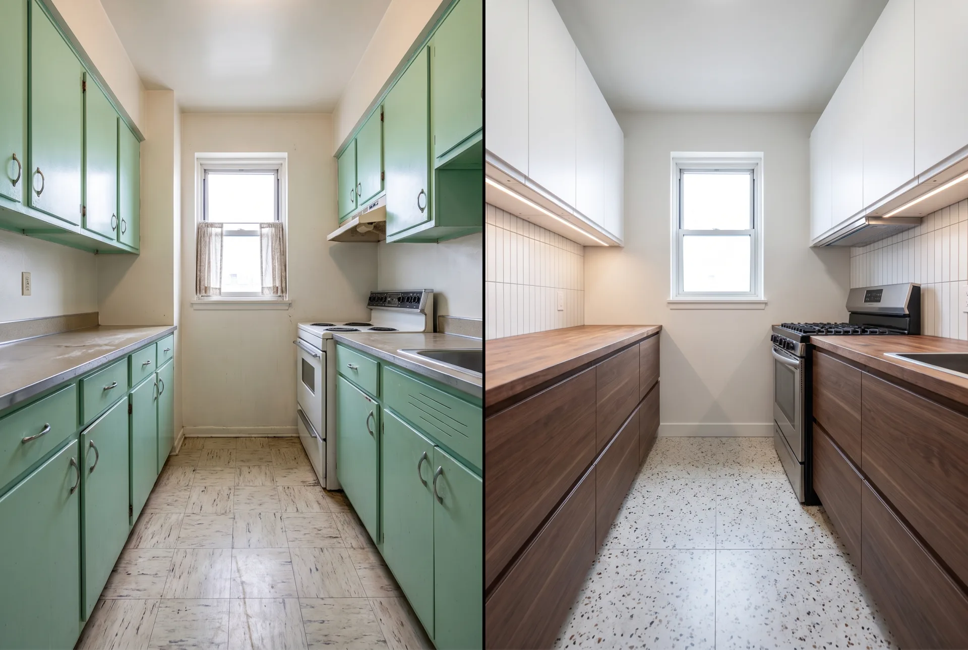 A 1960s galley kitchen with mint metal cabinets on the left and the same galley with walnut and white cabinets and terrazzo floor on the right.