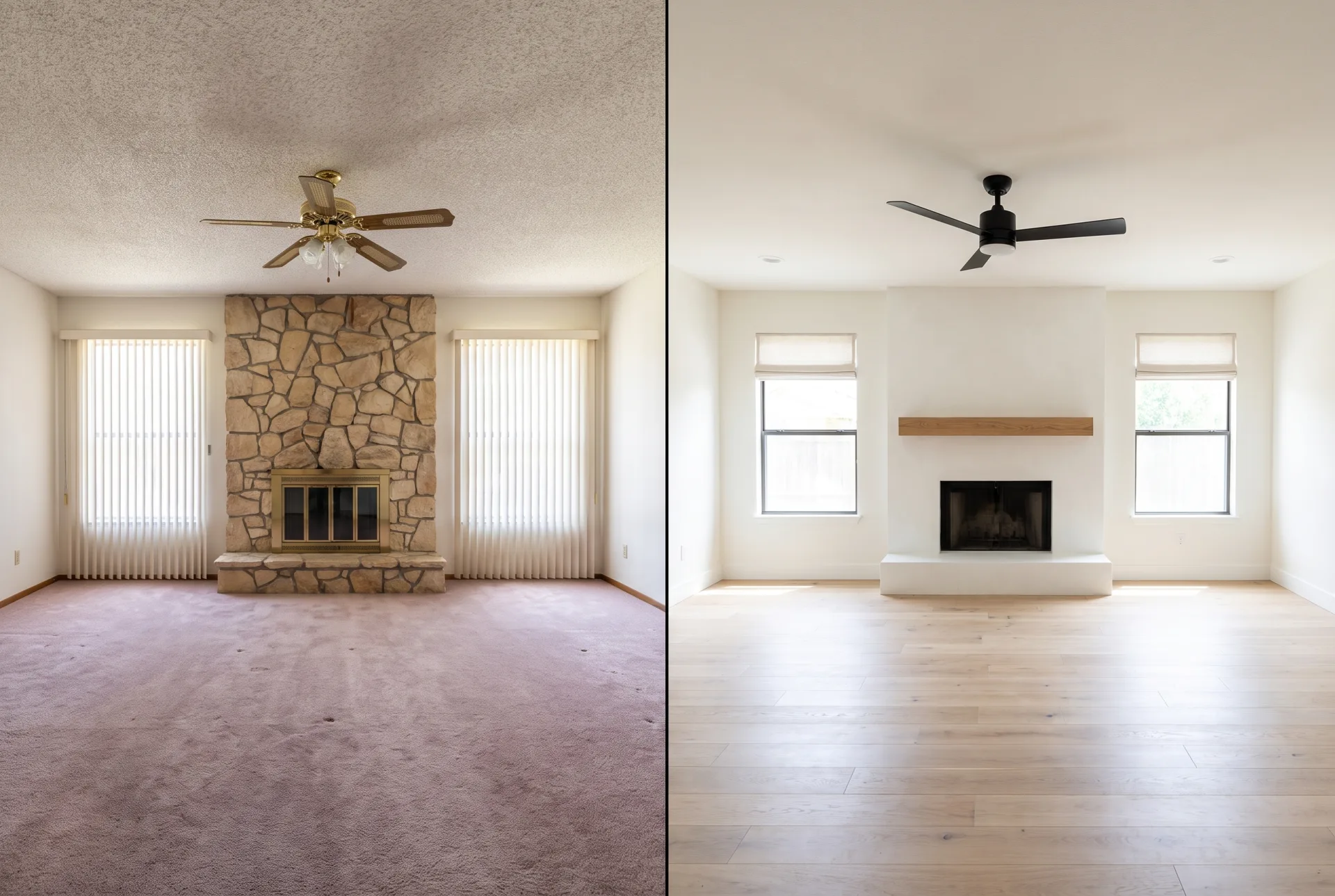 A 1980s living room with a fieldstone fireplace and mauve carpet on the left, and the same room with a plaster fireplace and oak floor on the right.