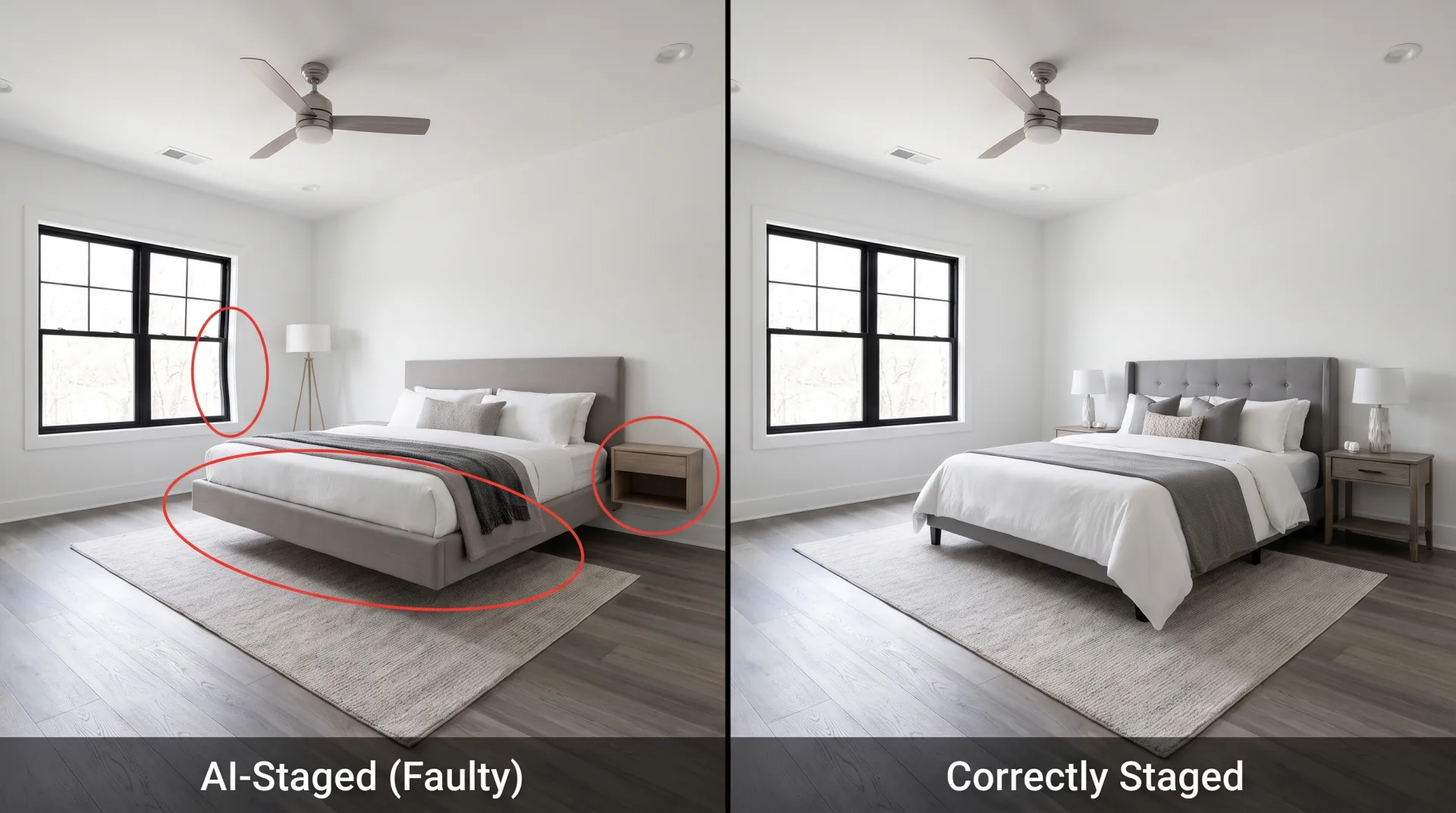 A bedroom staged by an AI app with a floating oversized bed and bent window frame circled in red, beside the same room staged correctly.