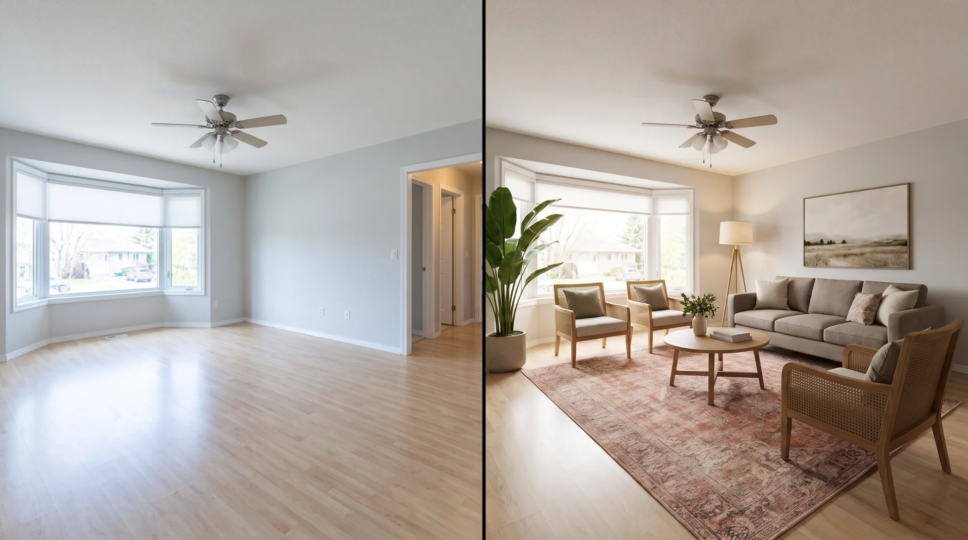 The same vacant living room shown empty on the left and virtually staged with a sofa, rug, chairs and plants on the right.