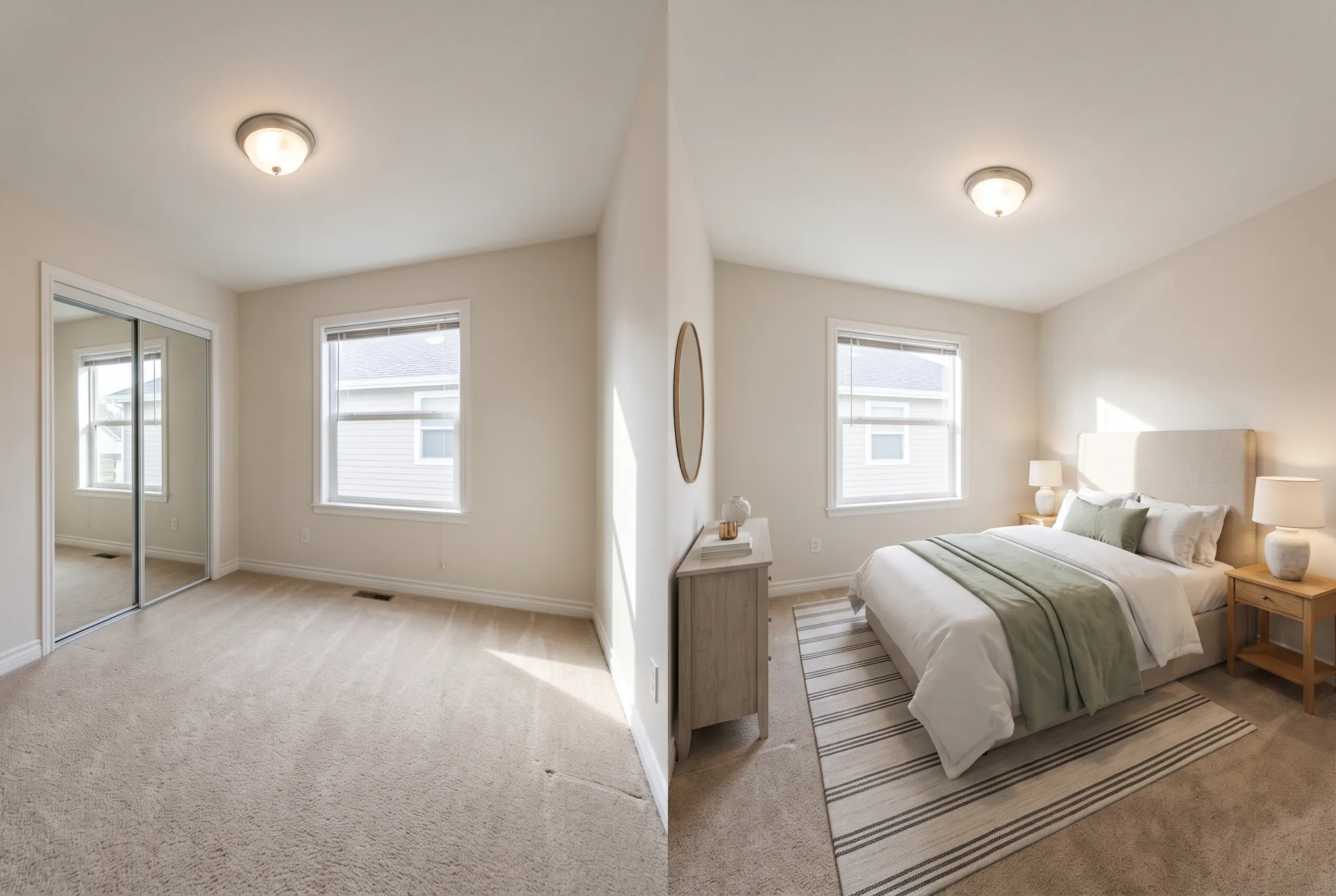 A small carpeted bedroom with mirrored closet doors, empty on the left and staged with a queen bed and two nightstands on the right.