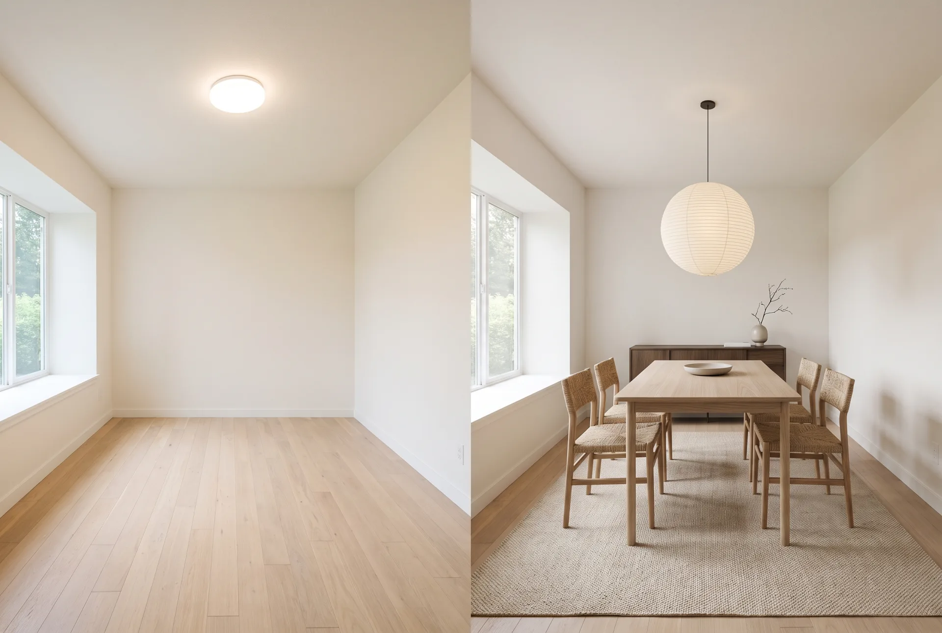 A small dining room, empty on the left and staged in Japandi style with an ash table, paper-cord chairs and a paper lantern on the right.