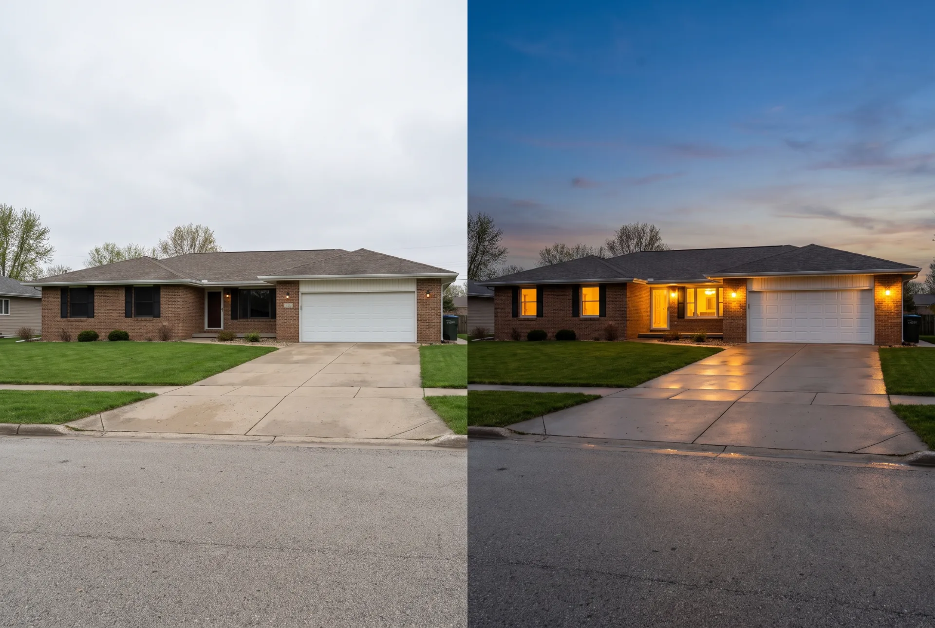 A brick ranch house photographed under a gray midday sky on the left and turned to a glowing twilight on the right.