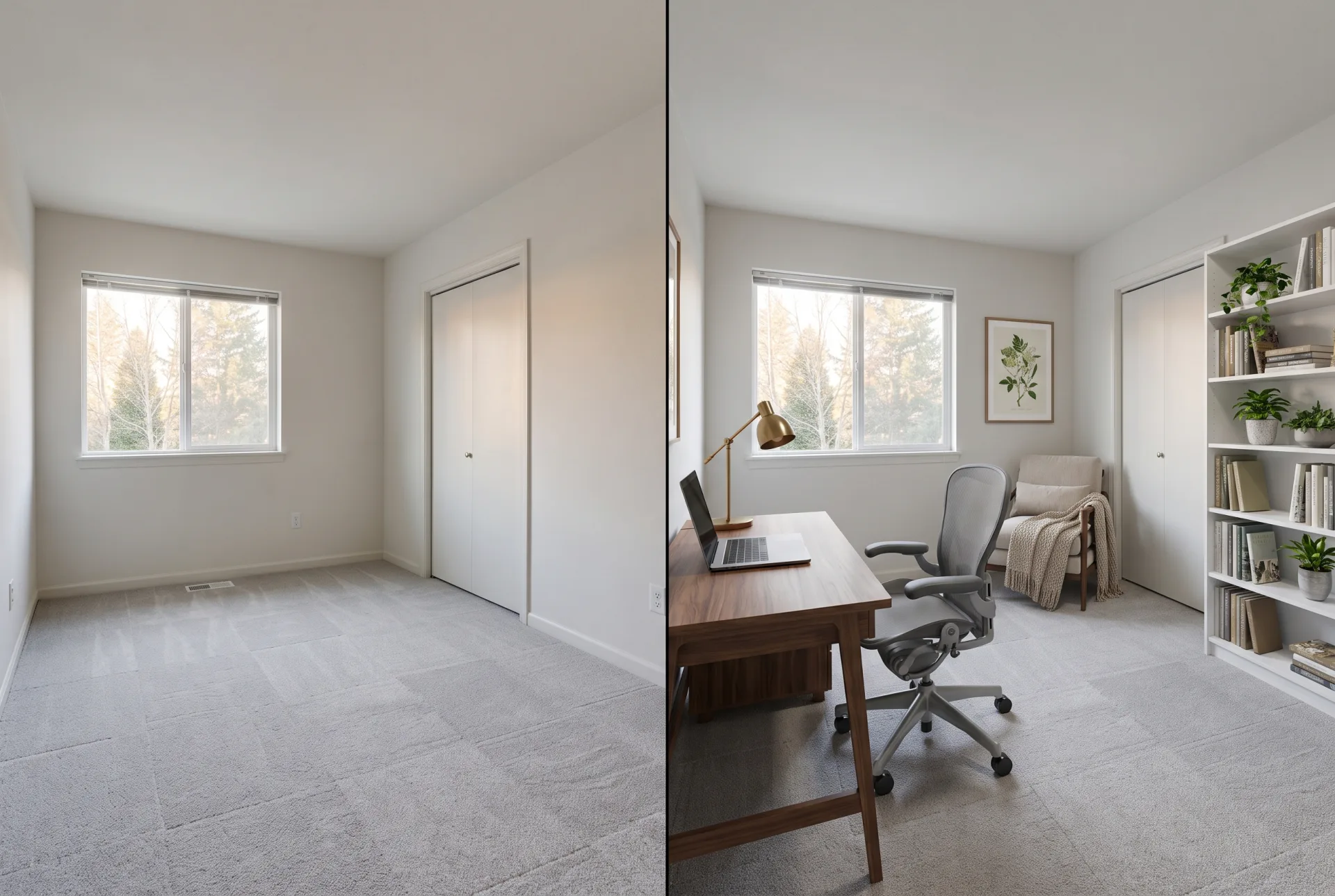 A spare room with a tree-view window, empty on the left and staged as a home office with a walnut desk and bookcase on the right.