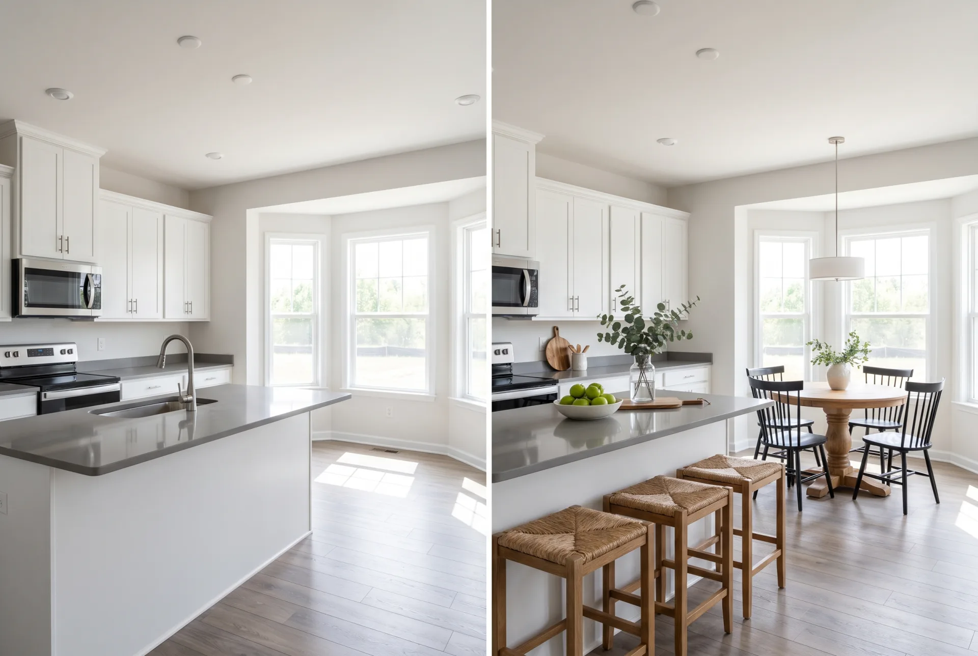 A white shaker kitchen with an island and bay nook, bare on the left and staged with stools, a round table and chairs on the right.