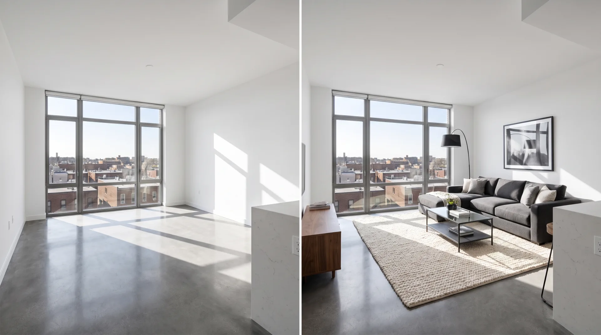 A condo living area with city-view windows, empty on the left and staged with a charcoal sectional and arc lamp on the right.