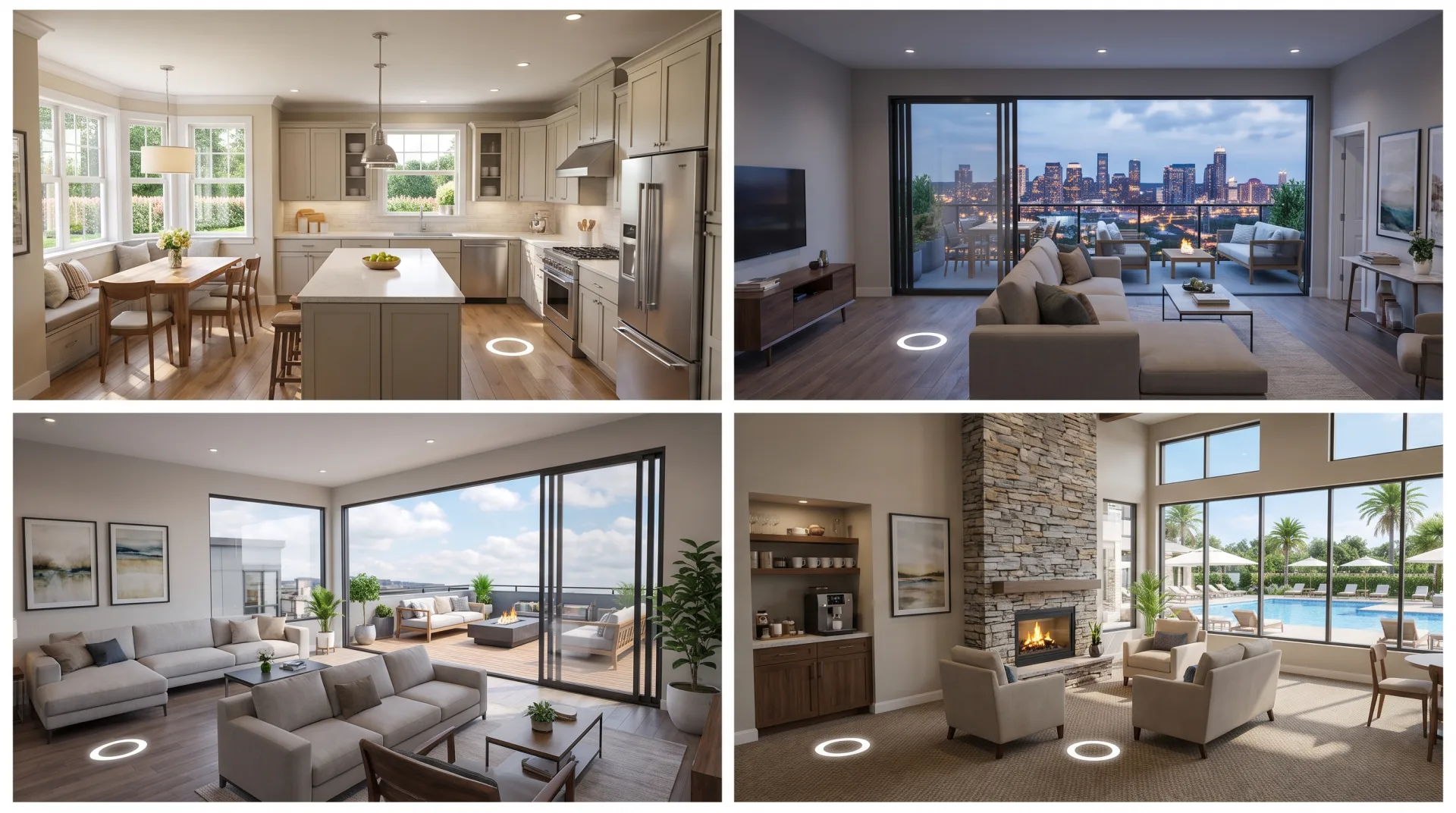 Four rendered tour previews: a model home kitchen, an apartment living room at dusk, a townhouse den by a roof deck and a clubhouse lounge by a pool.
