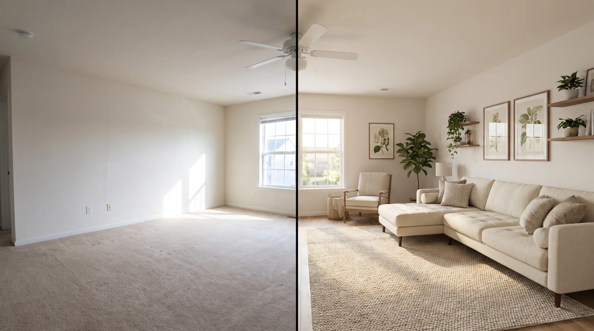 The same living room split in two: an empty scanned room with glare and bare carpet on the left, and a furnished, evenly lit rendered room on the right.
