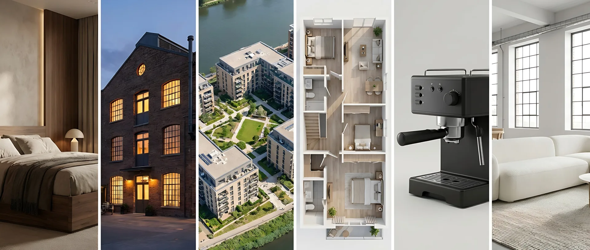 Strip of six concept renders: a bedroom, a warehouse exterior at dusk, an aerial of an apartment campus, a 3D floor plan, an espresso machine and a staged loft