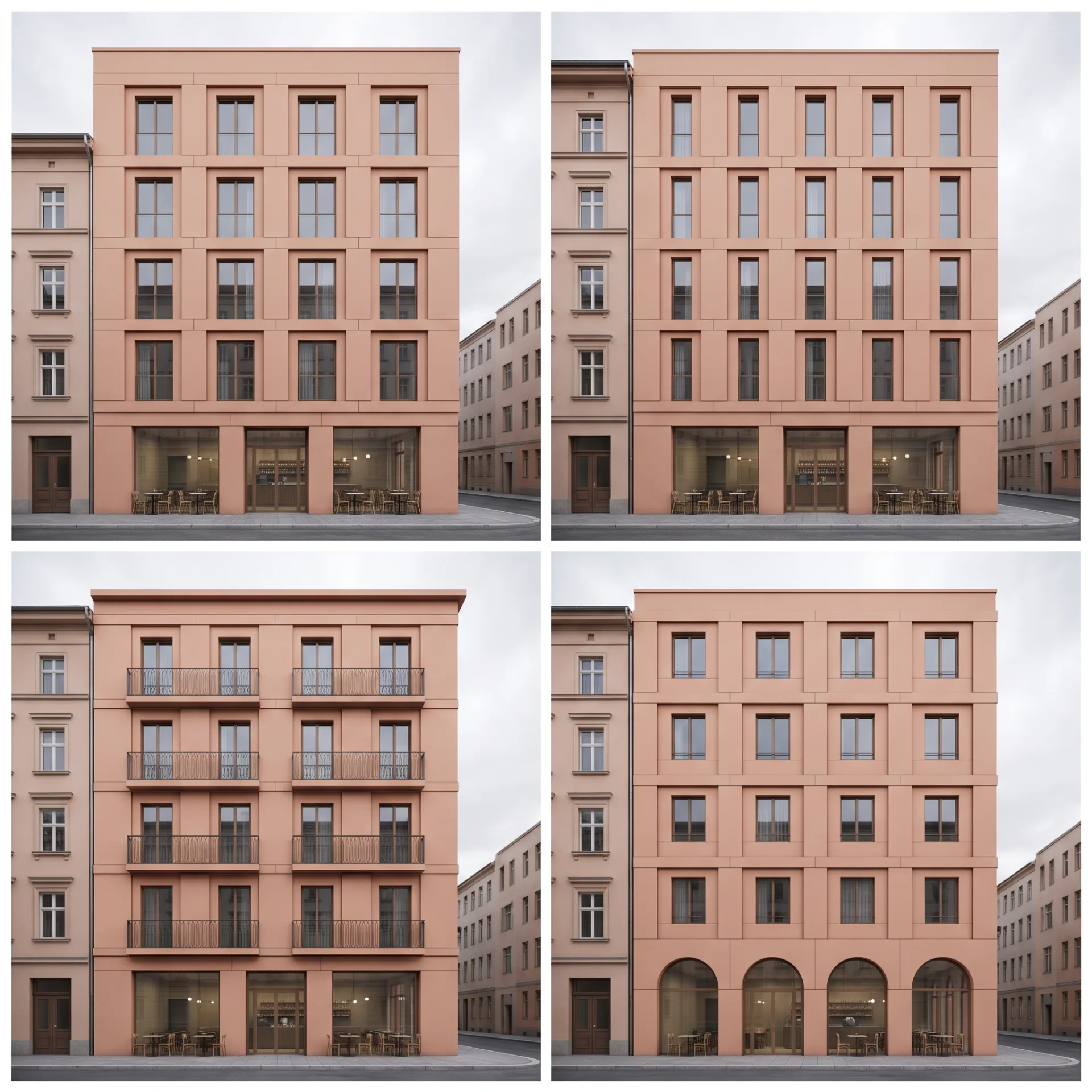 Four AI-generated versions of one apartment facade from the same prompt, each with a different number and pattern of windows, one with an extra floor.