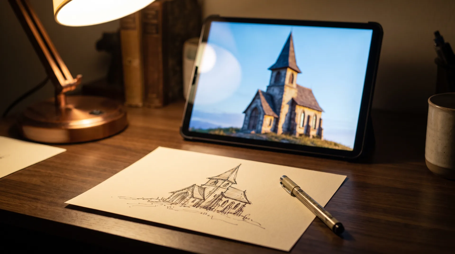 A hand sketch of a small chapel on a desk, with a tablet behind it showing an AI-generated render of the chapel whose roof and windows differ from the sketch.