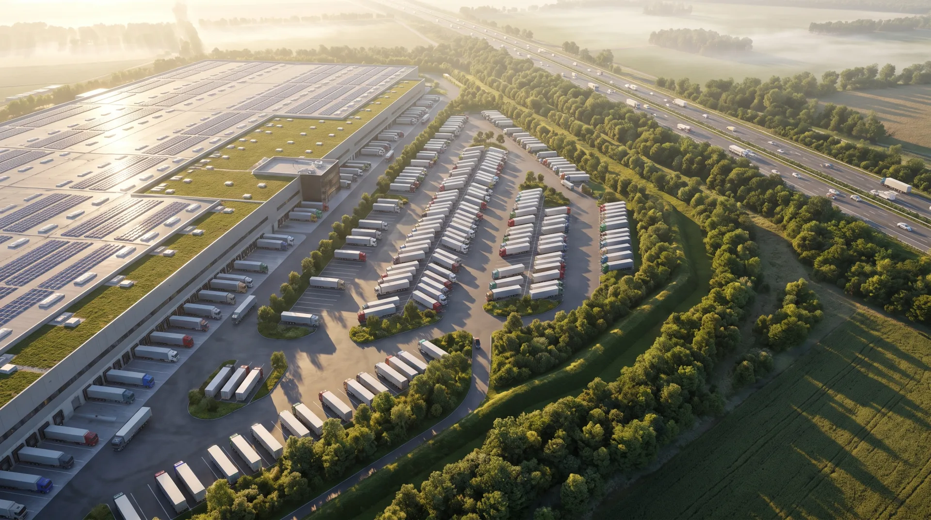 Concept work: a large warehouse site from above with truck docks, trailer parking and landscaped edges beside a highway in early sun.