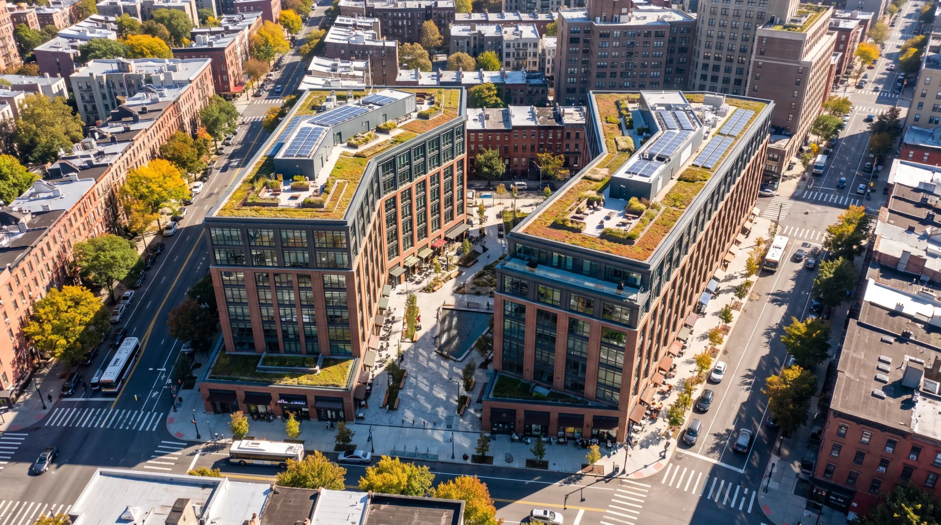 Concept work: a bird's-eye view of a mixed-use block with two buildings, green roofs and a public plaza set into the surrounding city grid.