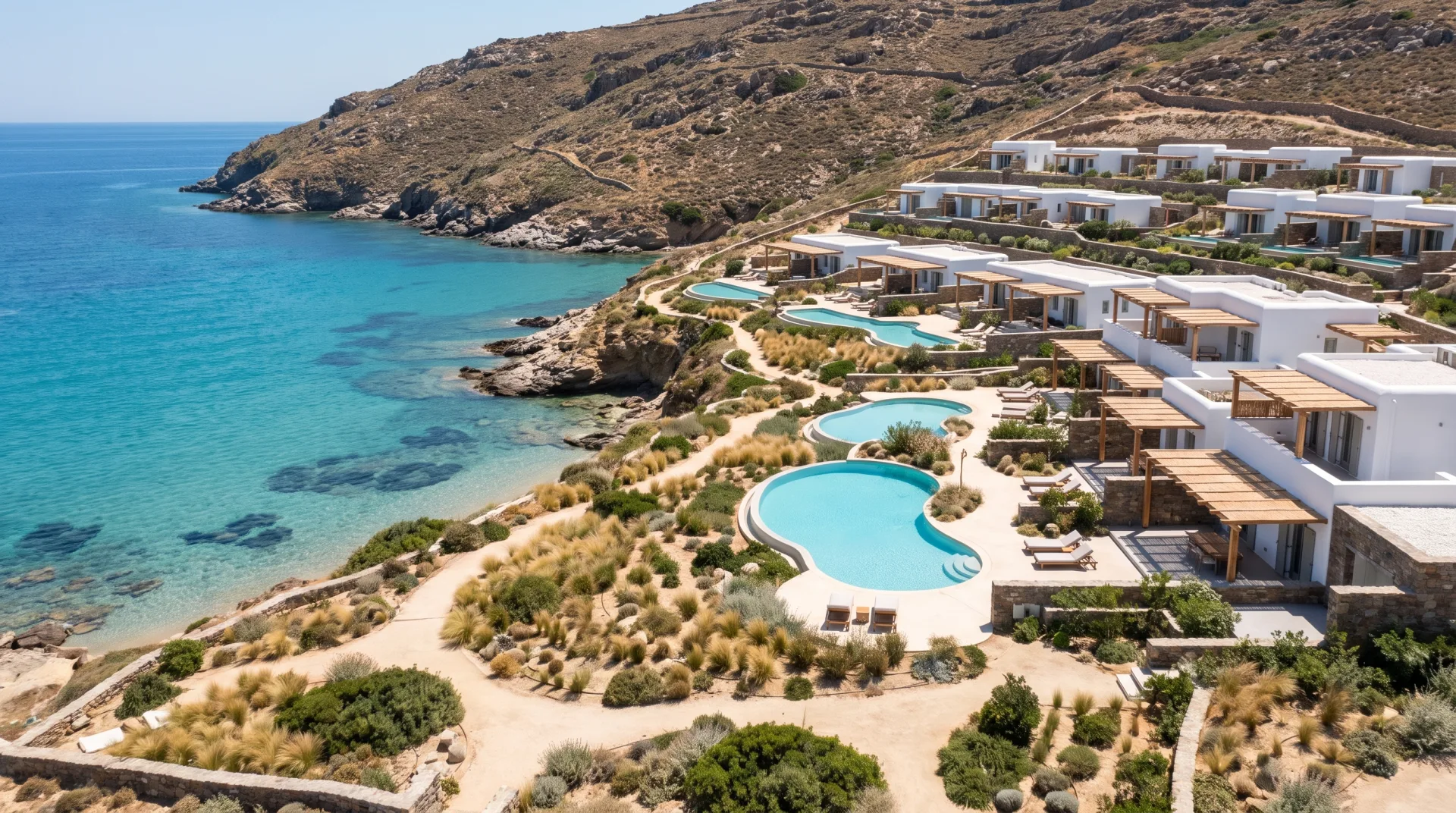 Concept work: a coastal resort of white villas terraced down a hillside to a turquoise cove, with pools between them.