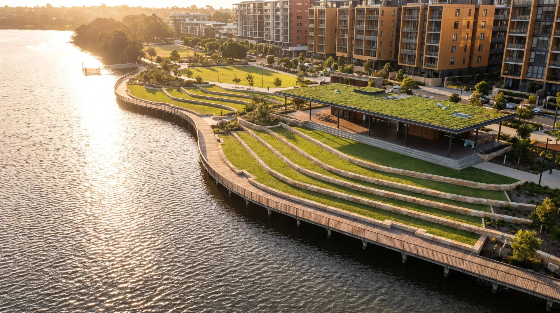 Concept work: an aerial view of a riverside park with a boardwalk, terraced lawns and a green-roofed pavilion at golden hour.