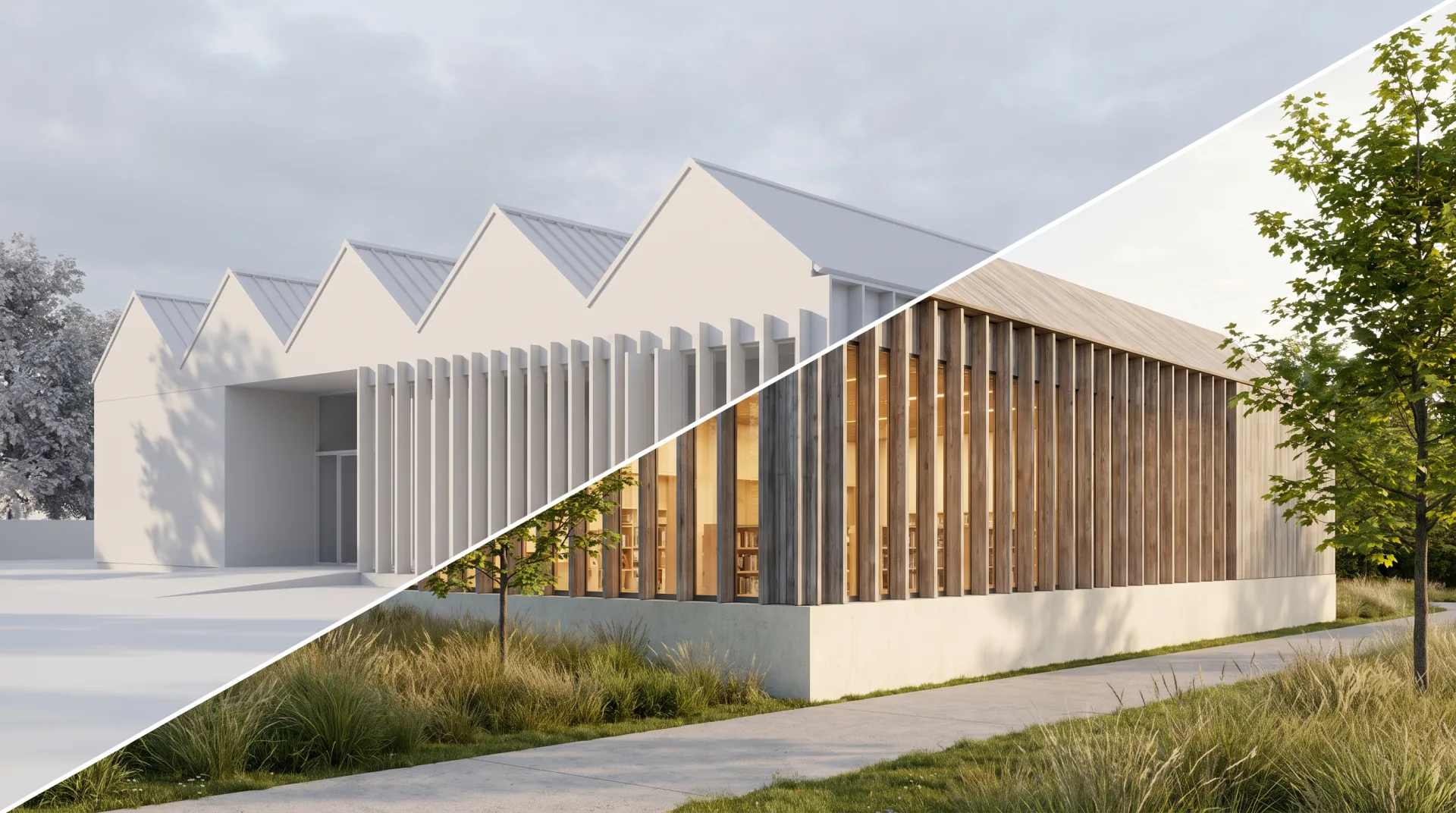 Concept work: a single-story branch library with timber fins, split diagonally between the white clay draft and the finished render in late-afternoon light.