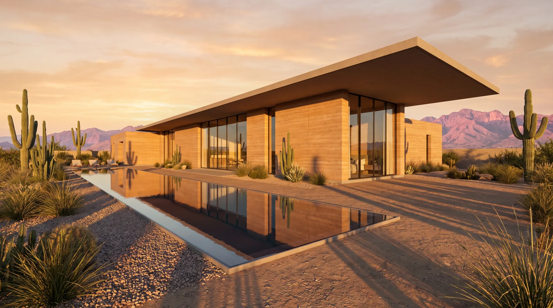 Concept work: a single-story rammed-earth house with a long pool reflecting it, desert plants and pink mountains at golden hour.