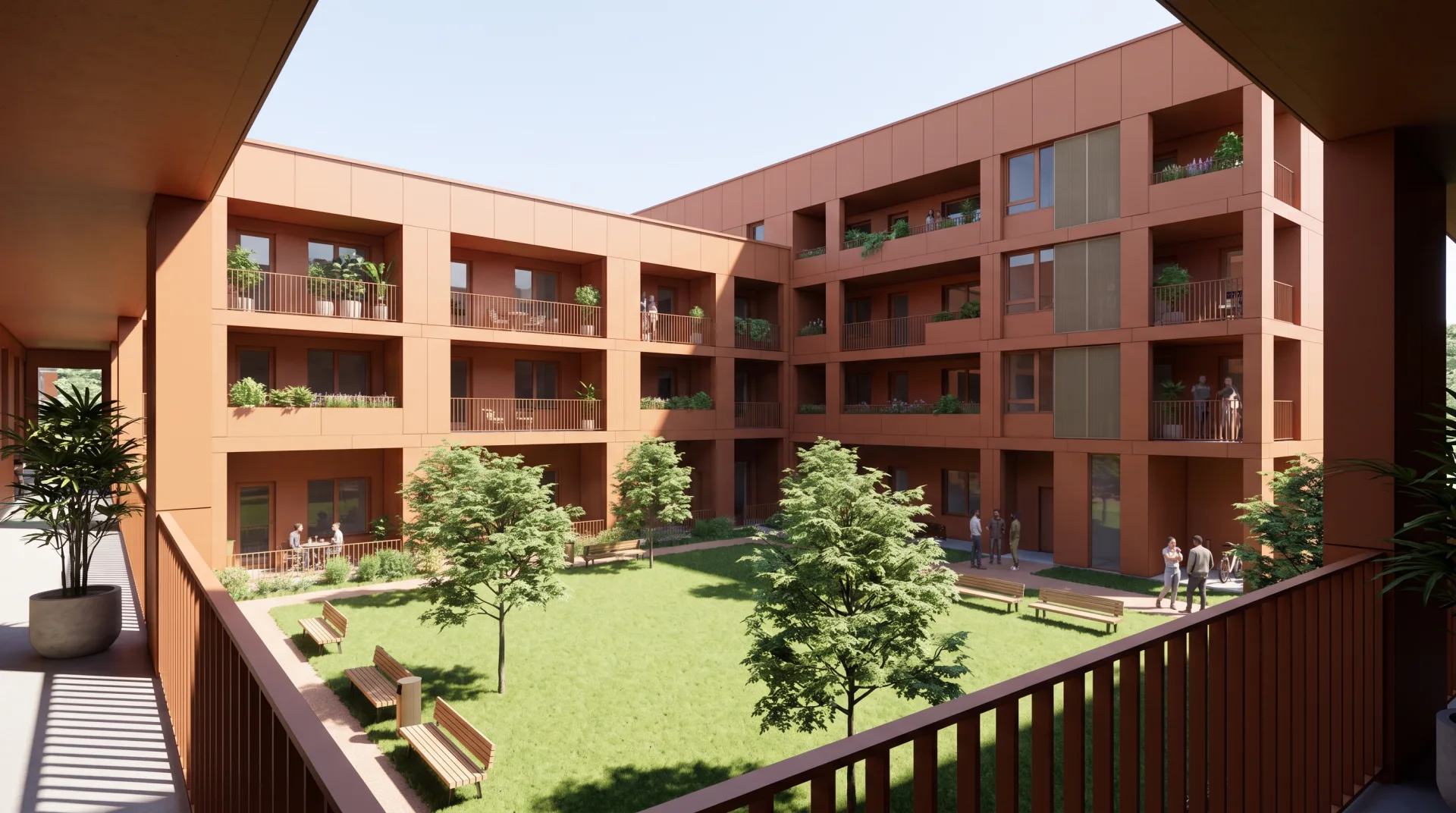 Concept work: a five-story terracotta apartment building around a green courtyard with lawn, benches and young maples in summer light.