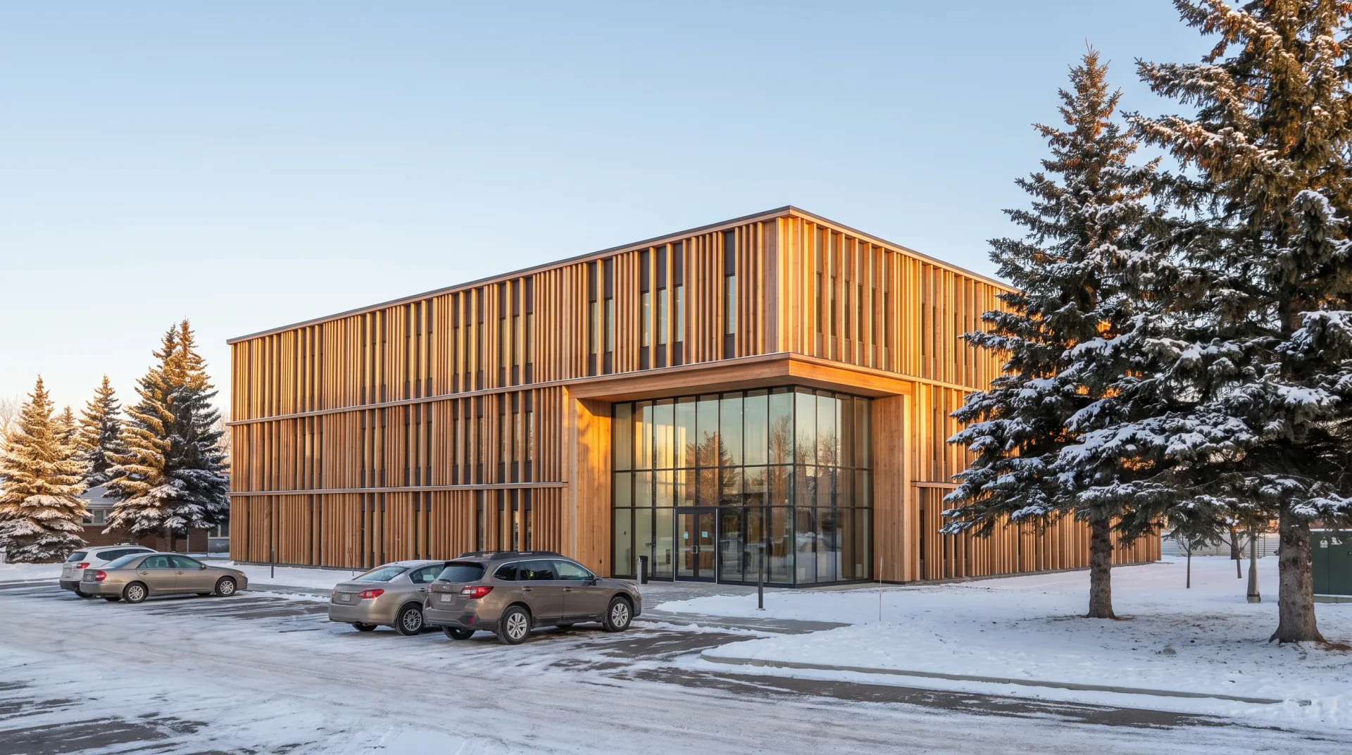 Concept work: a three-story office building with vertical timber fins and a glass lobby in light snow under low winter sun.