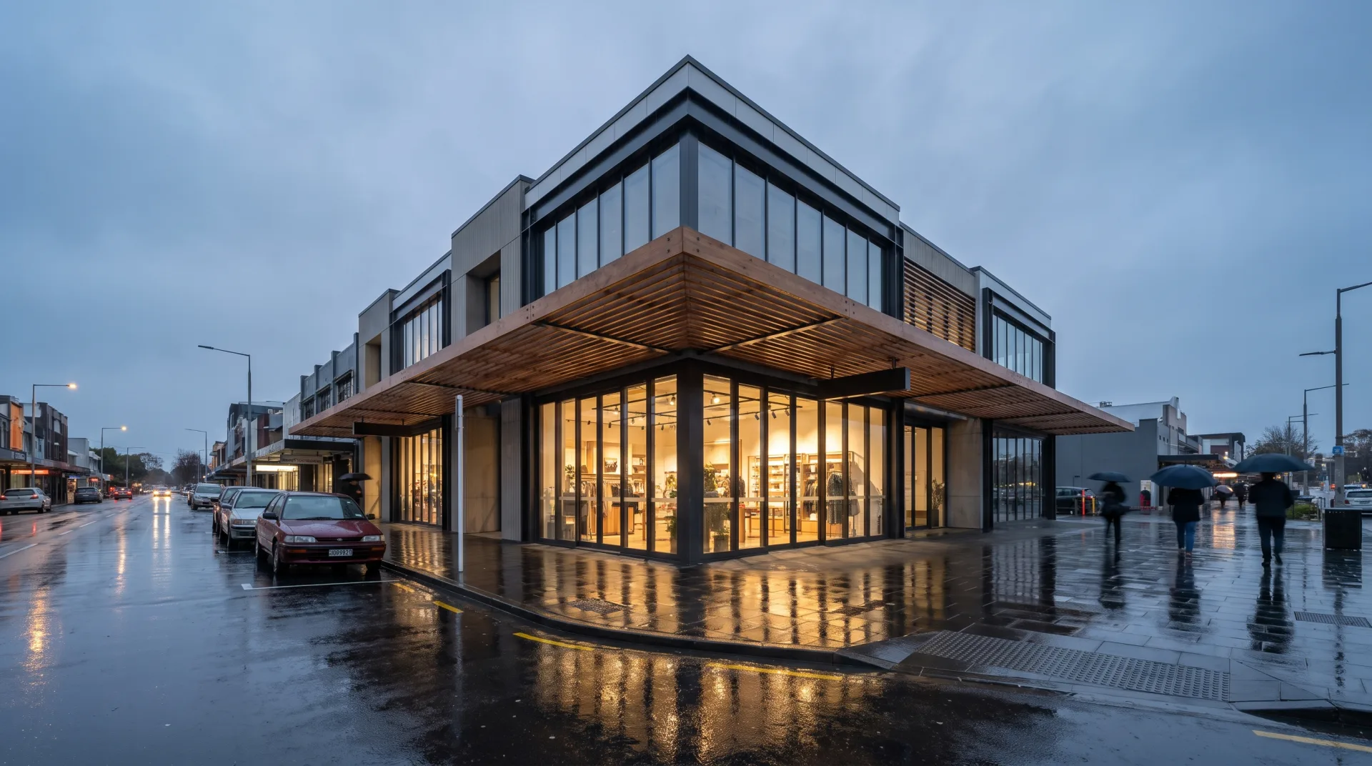 Concept work: a glazed corner shop building with a timber canopy on a rain-wet street in the evening, shop lights reflected on the pavement.