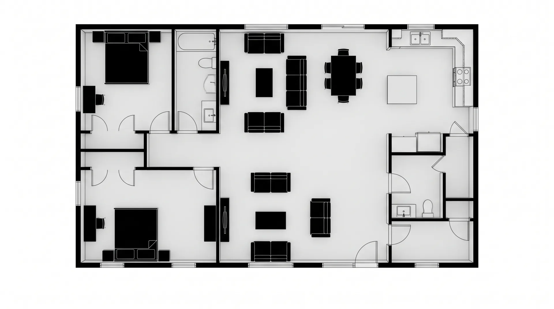 Concept work: a clean black-and-gray 2D floor plan of a three-bedroom house with furniture symbols and door swings.