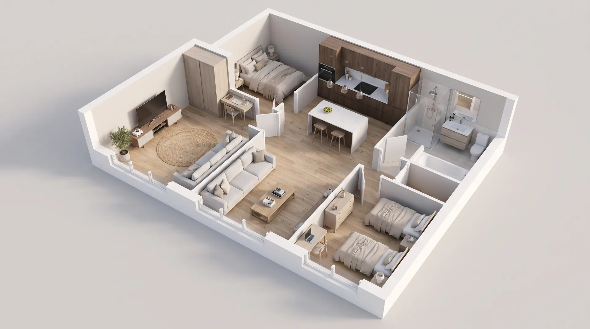 Concept work: a furnished two-bedroom apartment as a 3D floor plan seen from above with the roof removed.