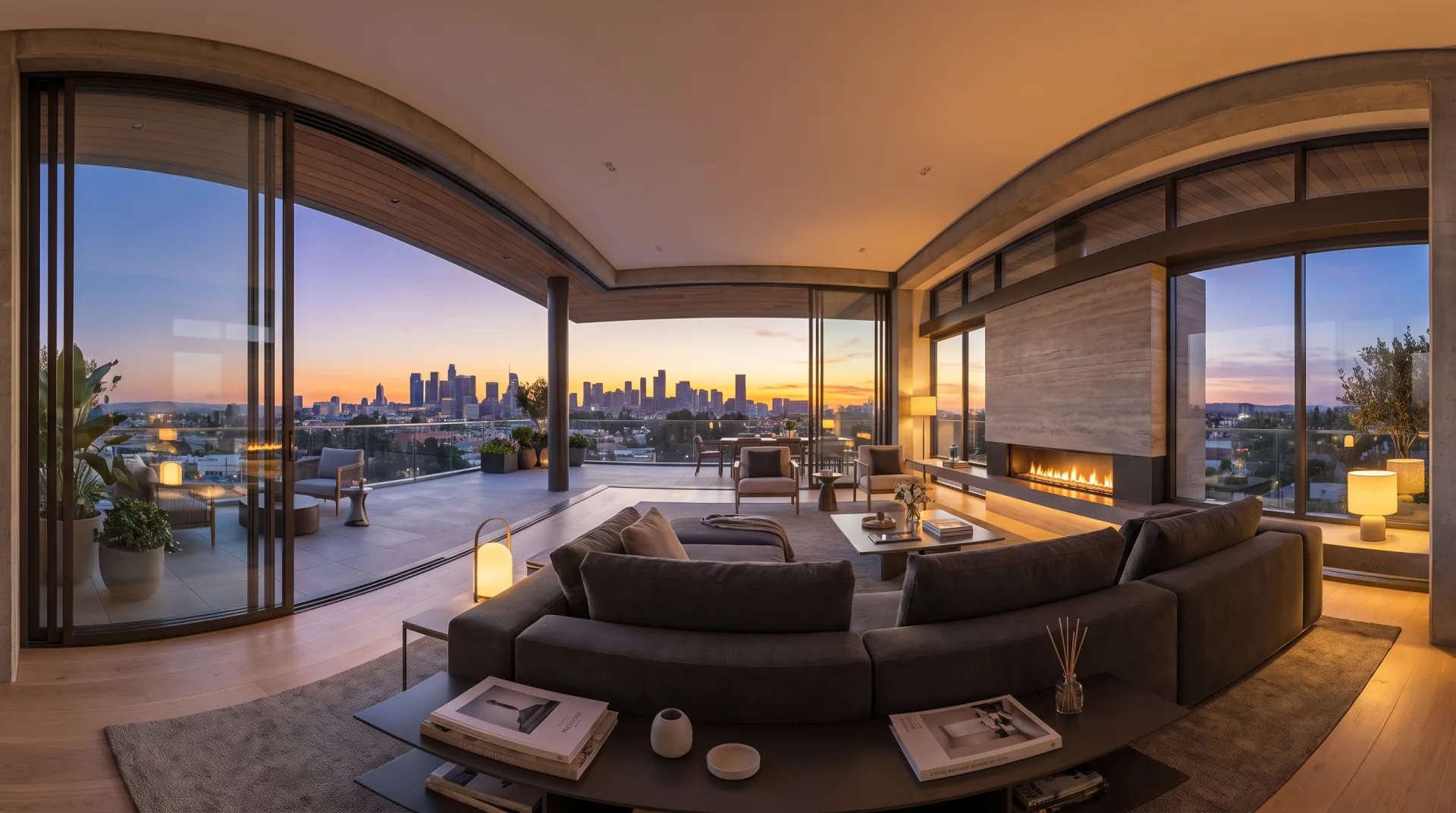 Concept work: a still from a rendered 360 panorama of a penthouse living room opening onto a terrace with a sunset city view.