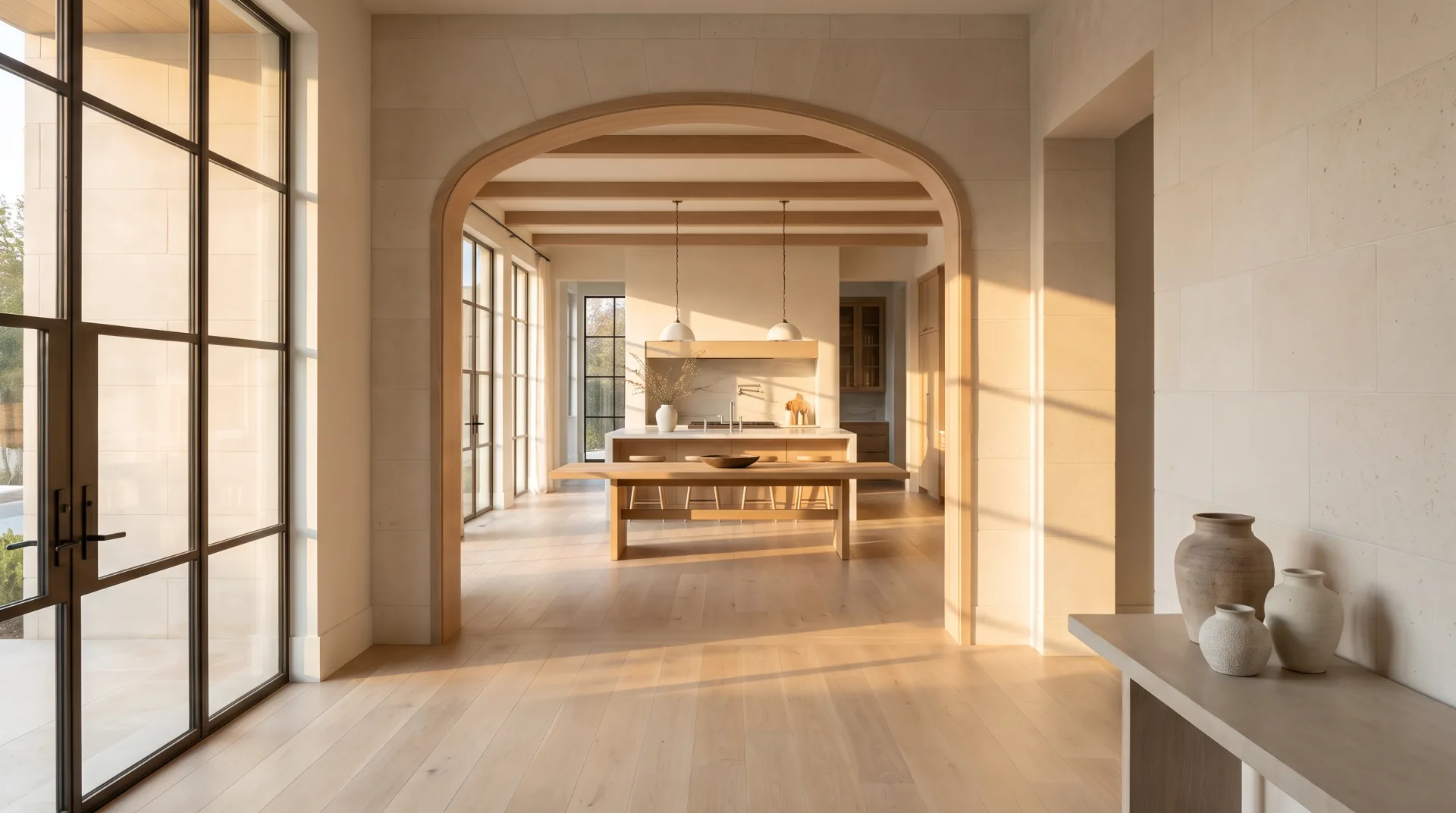 Concept work: a walkthrough loop gliding from an entry hall into an open-plan kitchen and dining room in afternoon light.