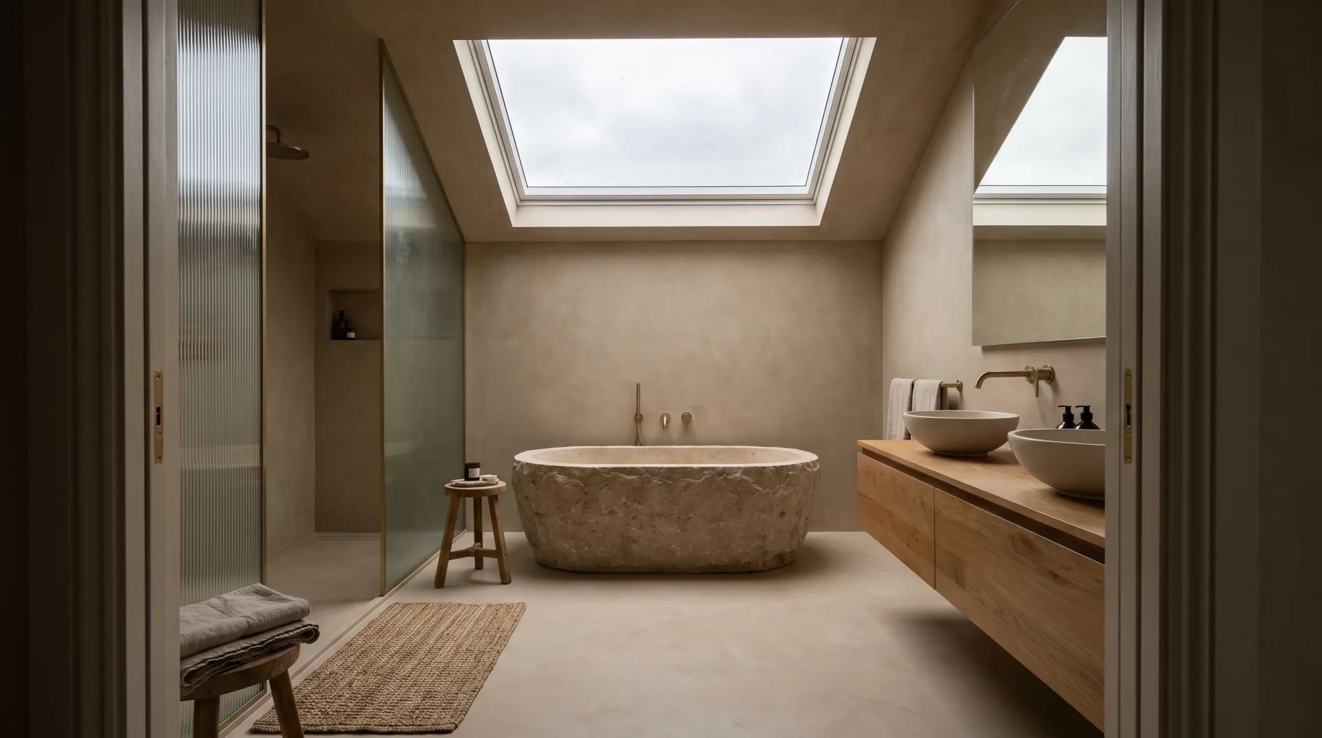 Concept work: a calm bathroom with a stone tub under a skylight, microcement walls, an oak vanity with two basins and a fluted glass shower.