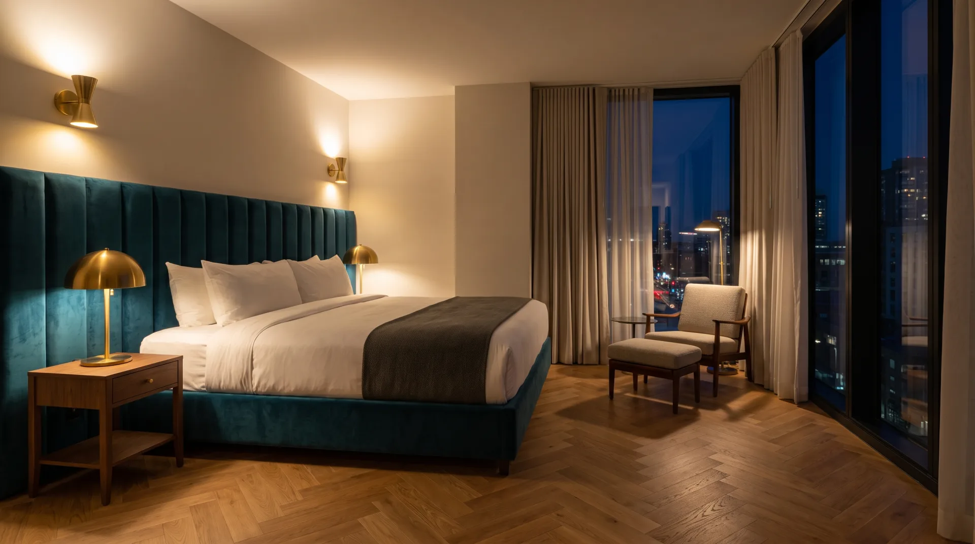 Concept work: a hotel suite at night with a teal velvet headboard, oak herringbone floor and city lights through a full-height window.