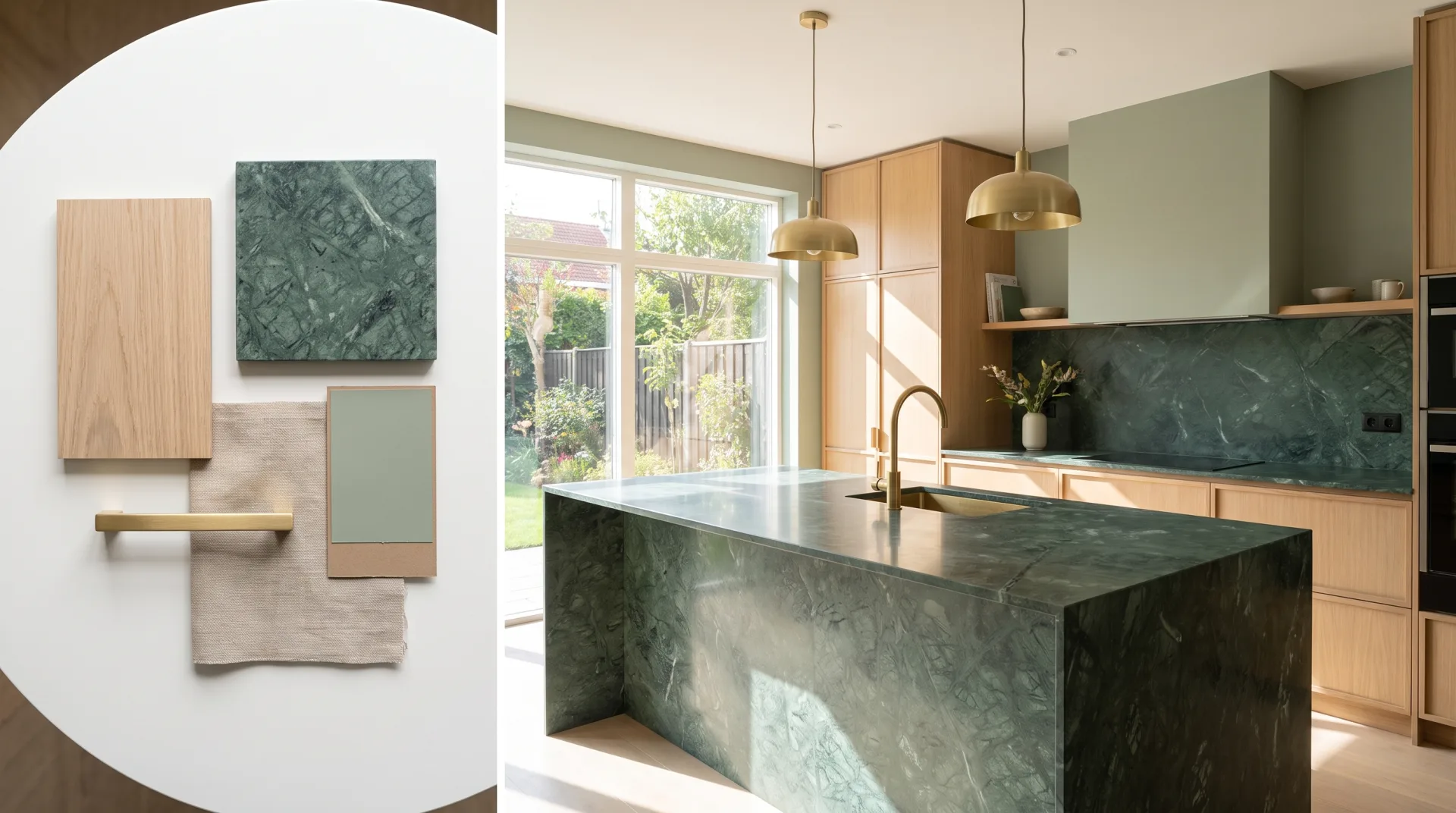 Concept work: a designer's mood board of oak, green marble, brass, linen and sage paint beside the finished kitchen built from those same finishes.