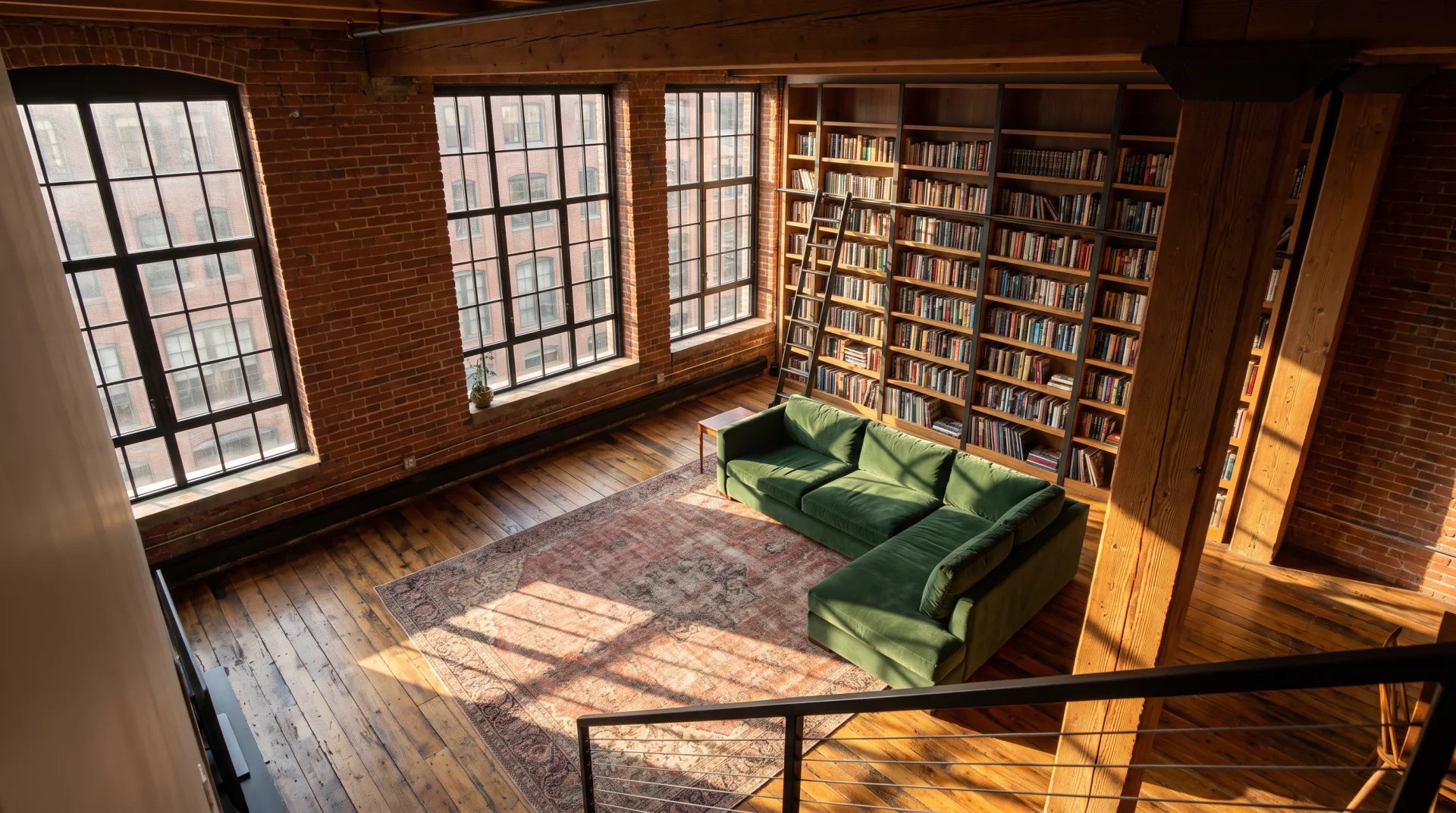 Concept work: a double-height loft living room with brick walls, steel windows, a green velvet sofa and a wall of books in late sun.