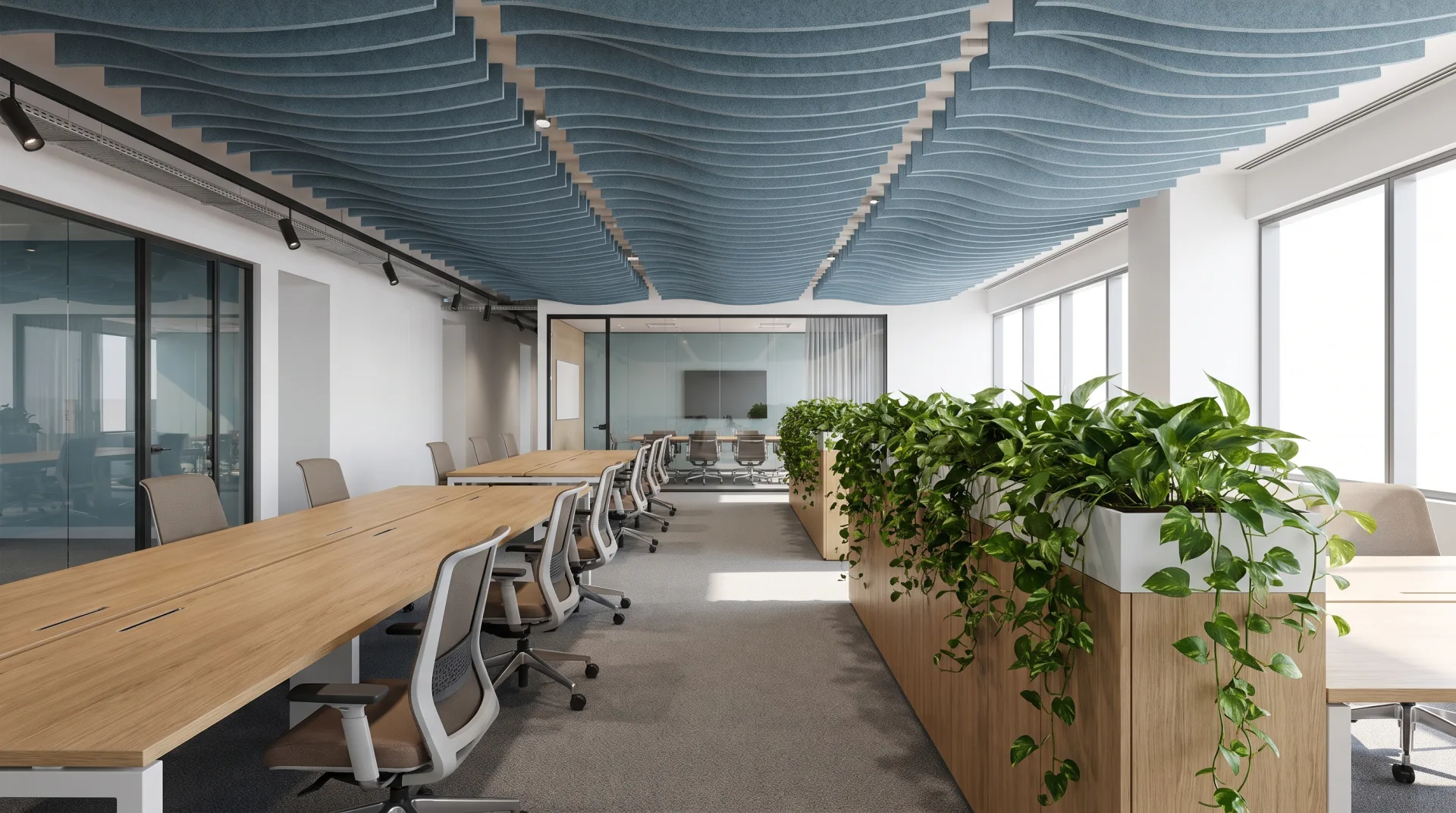 Concept work: an open office with long oak desks, blue felt ceiling baffles, a planted divider and a glass meeting room in north daylight.