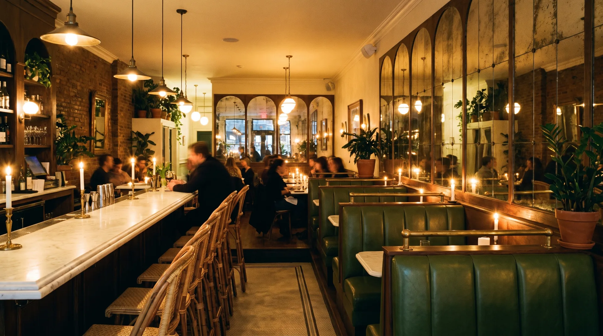 Concept work: a restaurant with a marble bar, rattan stools, green leather banquettes and arched mirrors in warm evening light.