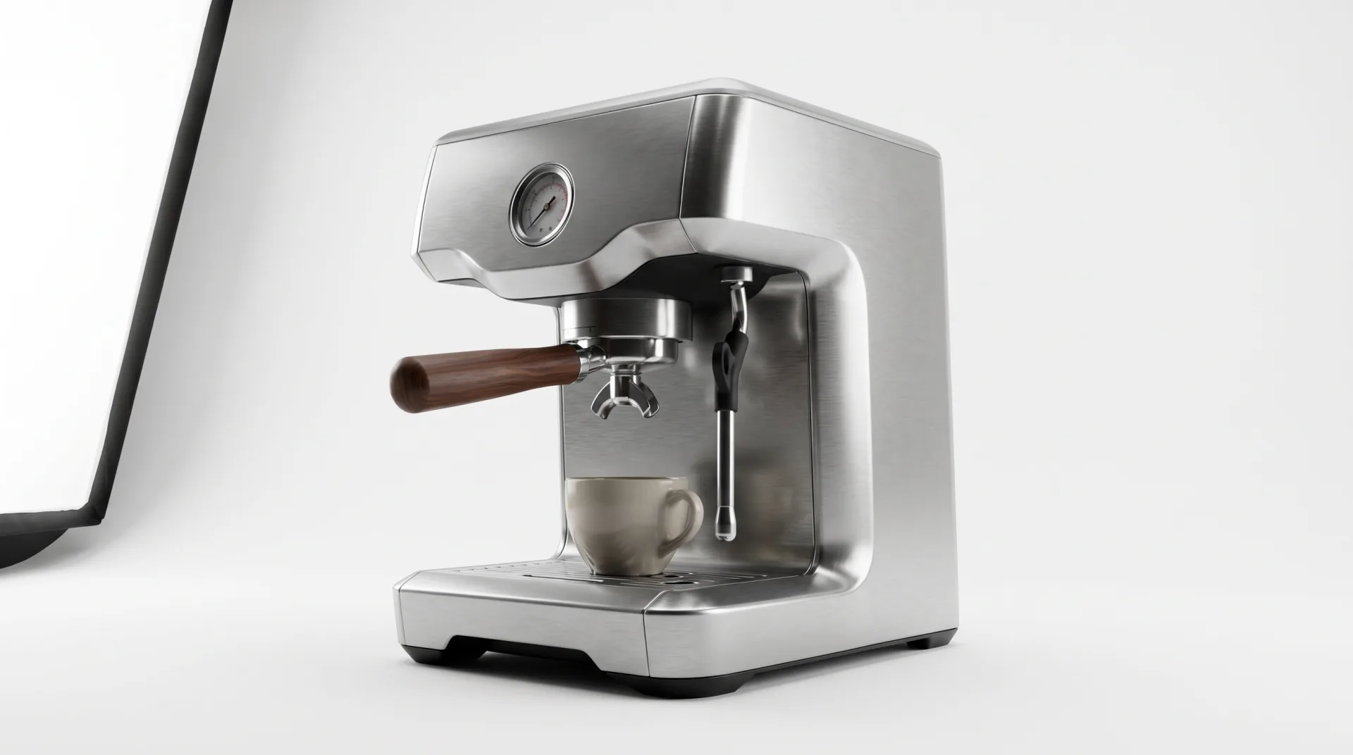 Concept work: a brushed steel espresso machine with a walnut portafilter handle on a pure white background.