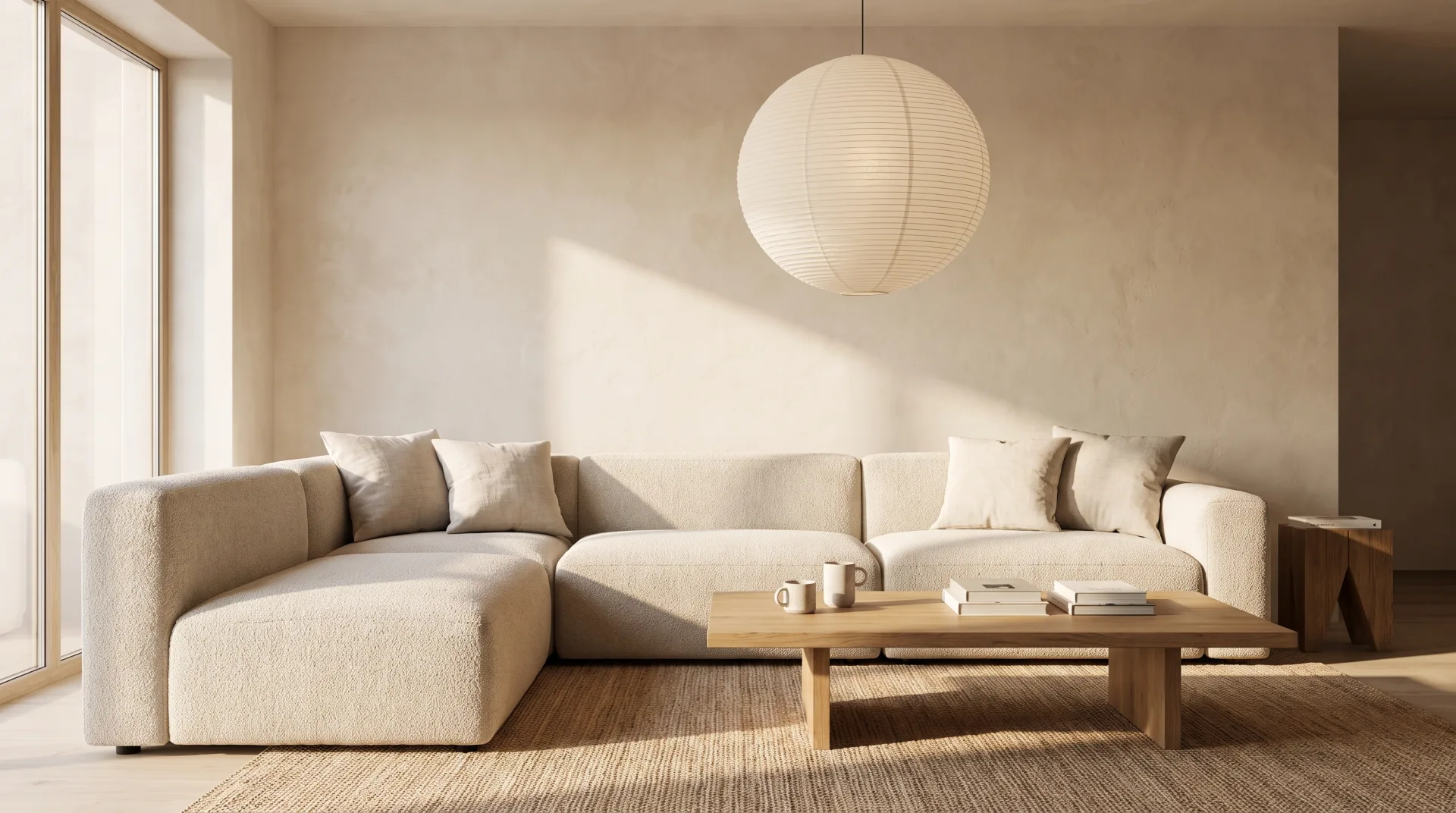Concept work: an oatmeal boucle modular sofa in a calm room with limewashed walls, an oak coffee table and a paper lantern.