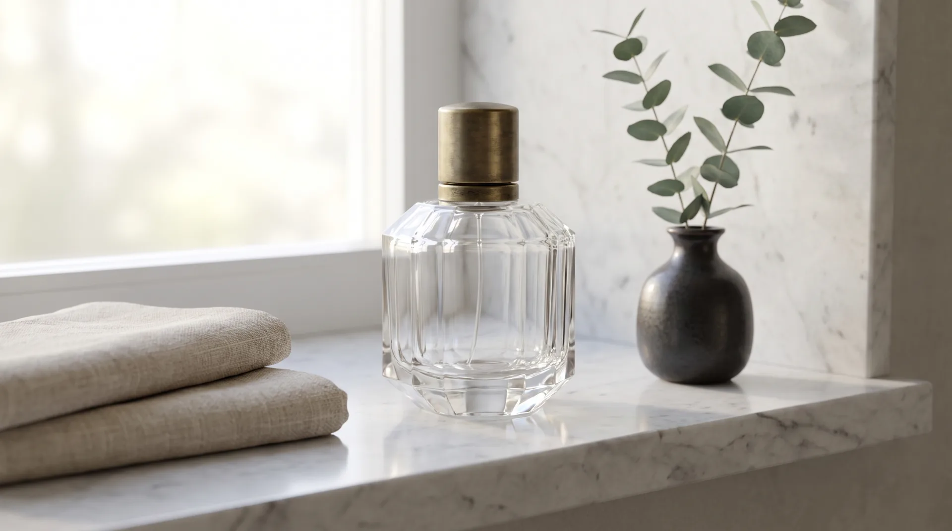Concept work: a faceted glass perfume bottle with a brass cap on a marble bathroom shelf beside linen towels and eucalyptus.