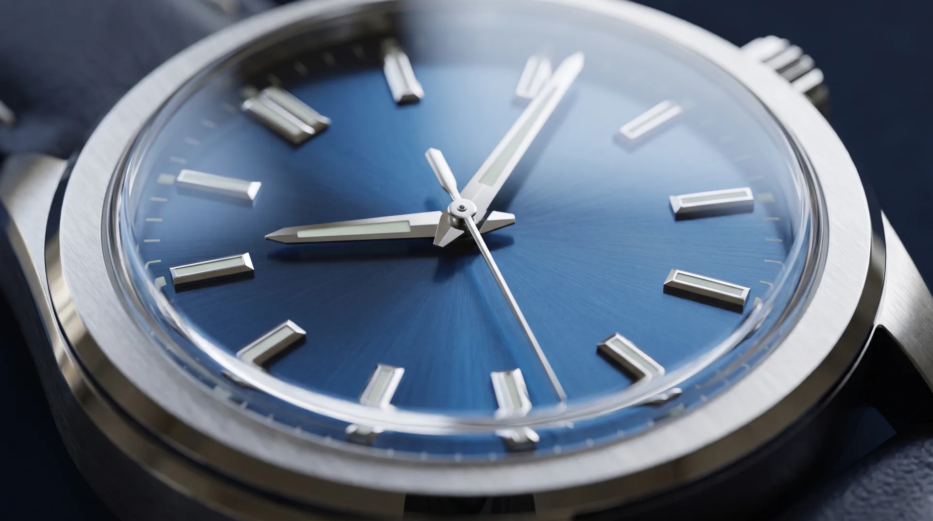 Concept work: a close-up of a blue sunburst watch dial with polished steel hands and a strip-light reflection on the crystal.